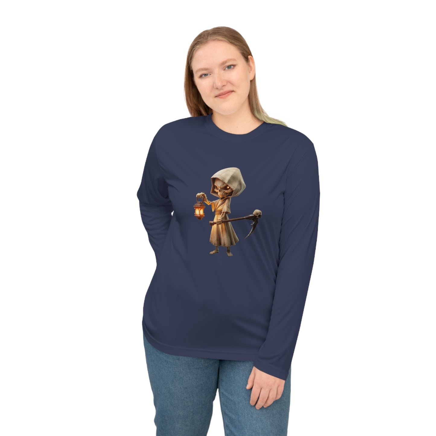 Lantern-Bearing Sentinel Unisex Performance Long Sleeve Shirt – Hooded Skeleton with Scythe and Warm Glow