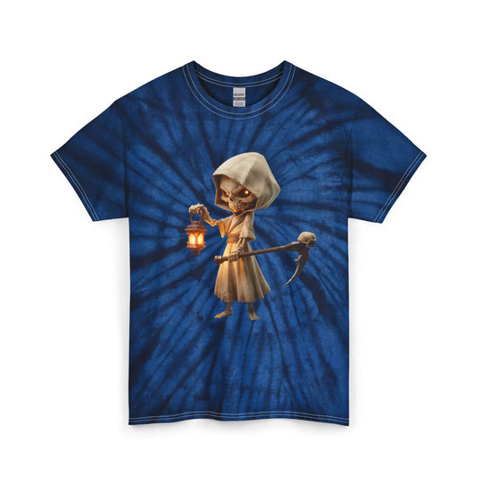 Lantern Guardian Unisex Tie Dye Cotton Tee – Hooded Reaper with Skull Scythe and Glow