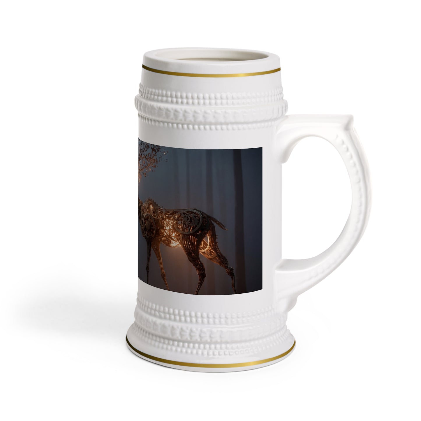 Gear-Hearted Stag Stein Mug – Clockwork Forest Guardian Ceramic Steiner