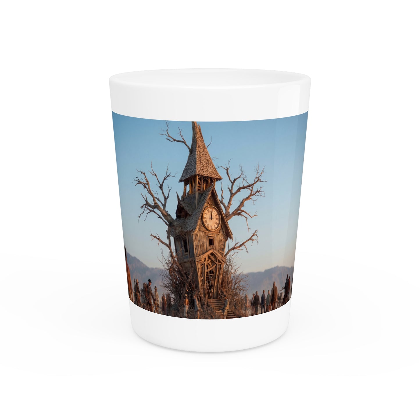 Clock Tower Wanderers Shot Glass – Desert Pilgrims and Rustic Timepiece
