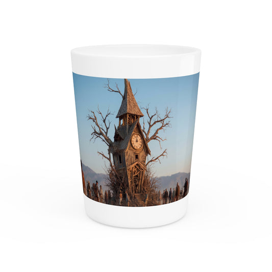 Clock Tower Wanderers Shot Glass – Desert Pilgrims and Rustic Timepiece