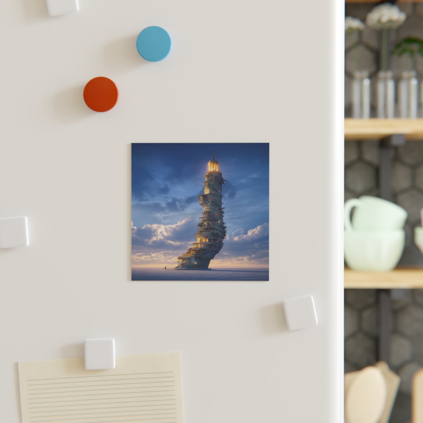 Skyborne Lighthouse Square Magnet – Twilight Beacon in the Clouds