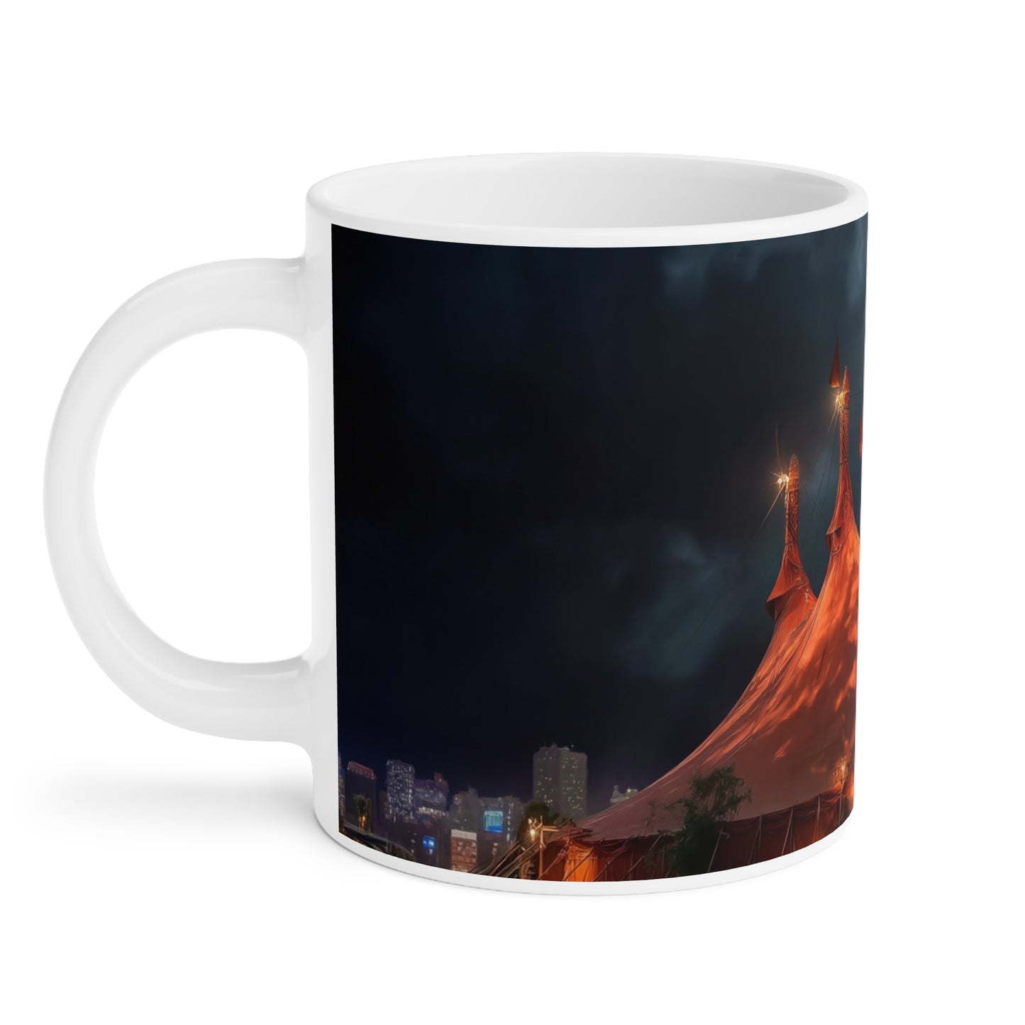 Crimson Circus Tent Mugs – Neon Nightscape Under Stormy Skies