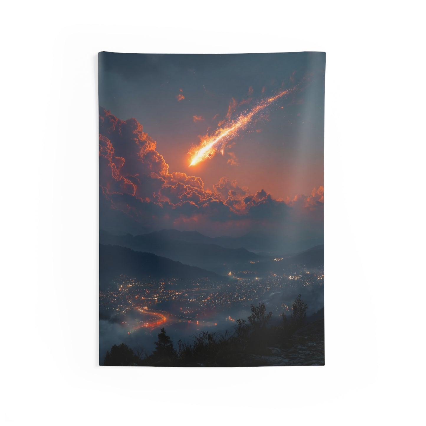 Celestial Fireball Indoor Wall Tapestries – Skyfall Over Mountain Vale