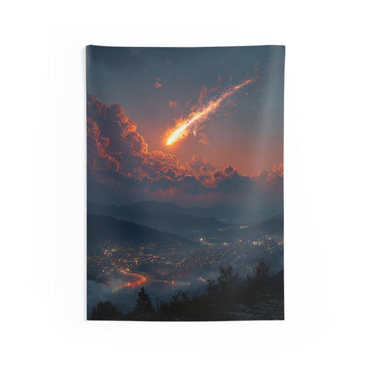 Celestial Fireball Indoor Wall Tapestries – Skyfall Over Mountain Vale