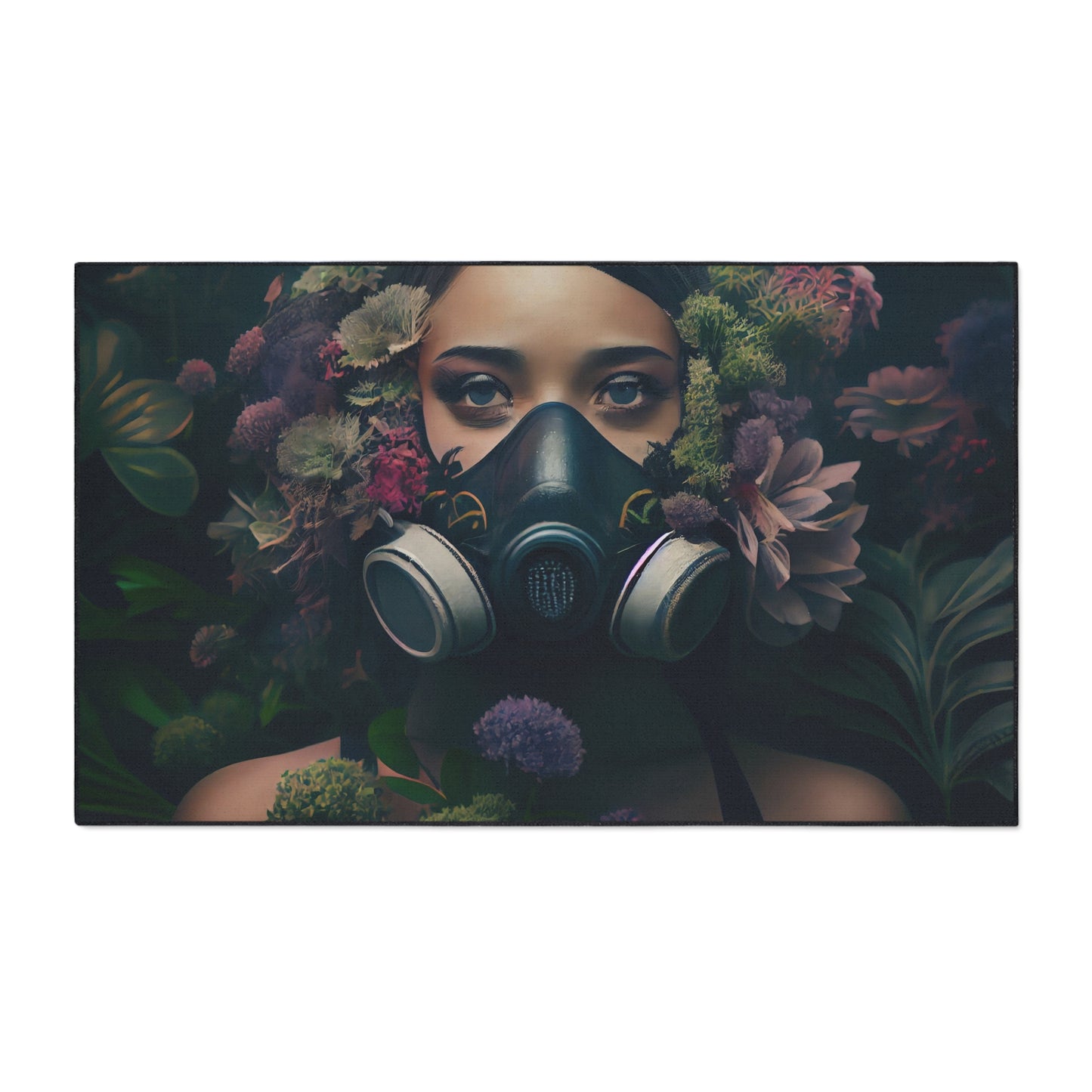 a beautiful woman wearing a gas mask filled with plants and flowers and moss - Heavy Duty Floor Mat