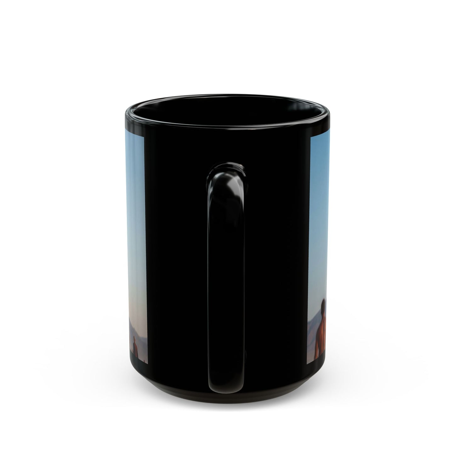 Clocktower in the Dust Black Mug – Wandering Timekeeper in the Desert