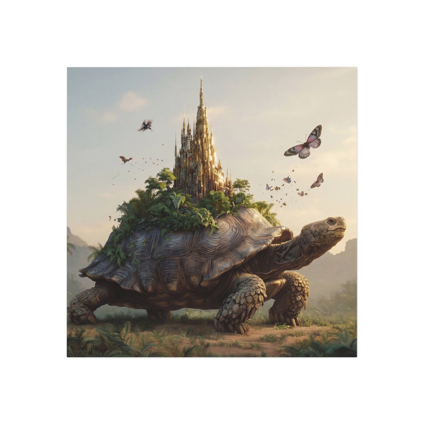 Castle on Turtle Back Square Magnet – Sunlit Fantasy Sanctuary
