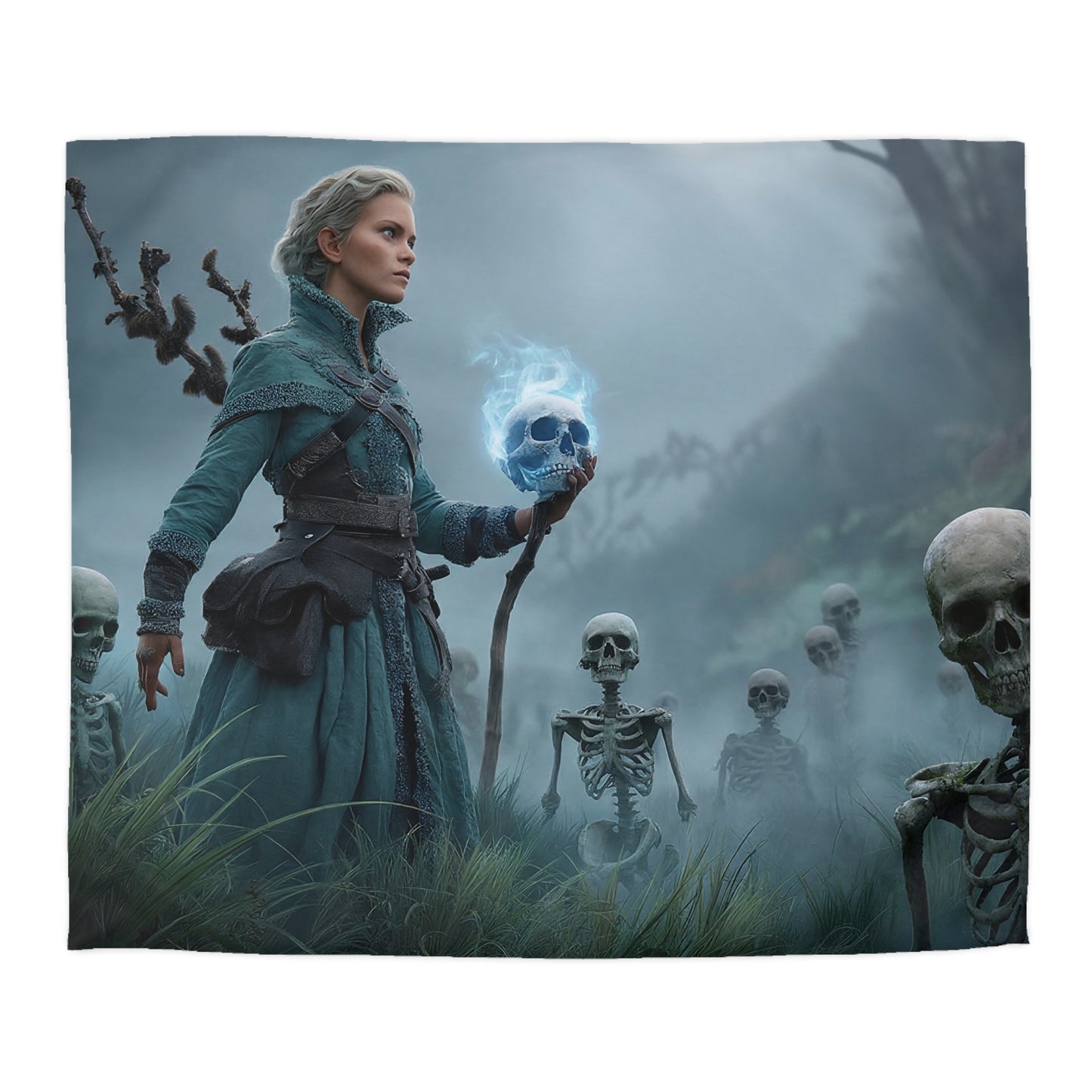 Blue-Skull Witch Duvet Cover – Misty Grove Necromancer Dreamscape