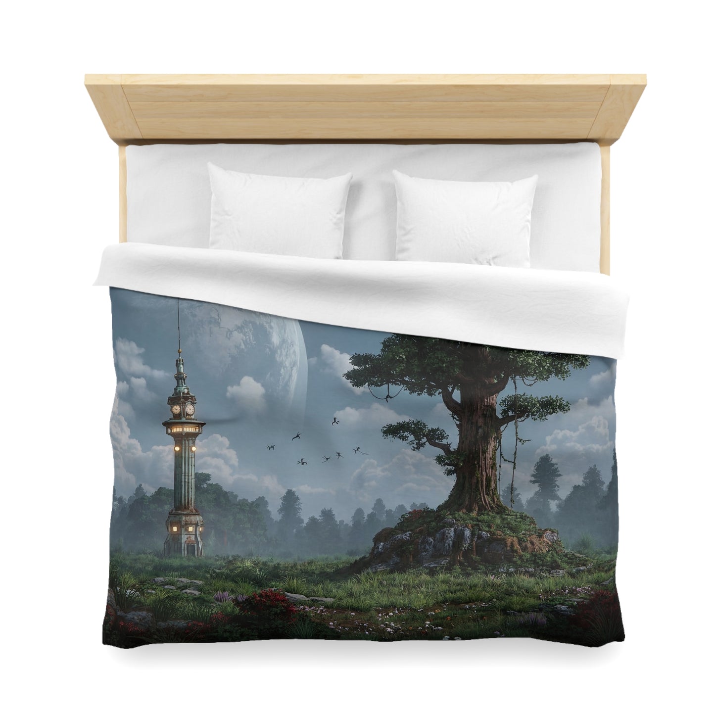 Moonlit Clocktower and Ancient Tree Duvet Cover – Whispers of Time Beneath the Celestial Dome