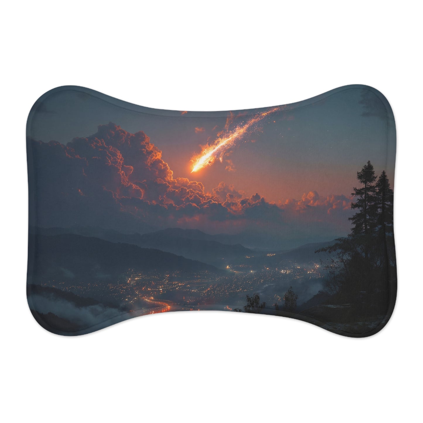 Meteor Over Valley Pet Feeding Mats – Fiery Trail Across Twilight Hills