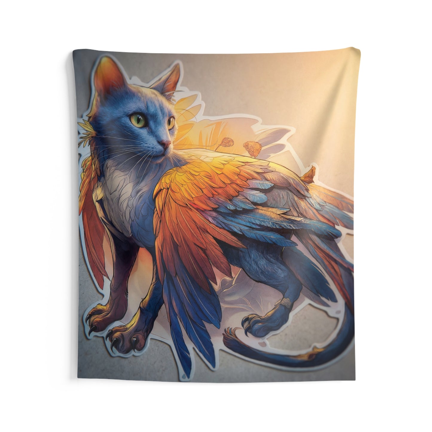 Azure Winged Cat Indoor Wall Tapestries – Sunset Guardian with Feathers of Twilight
