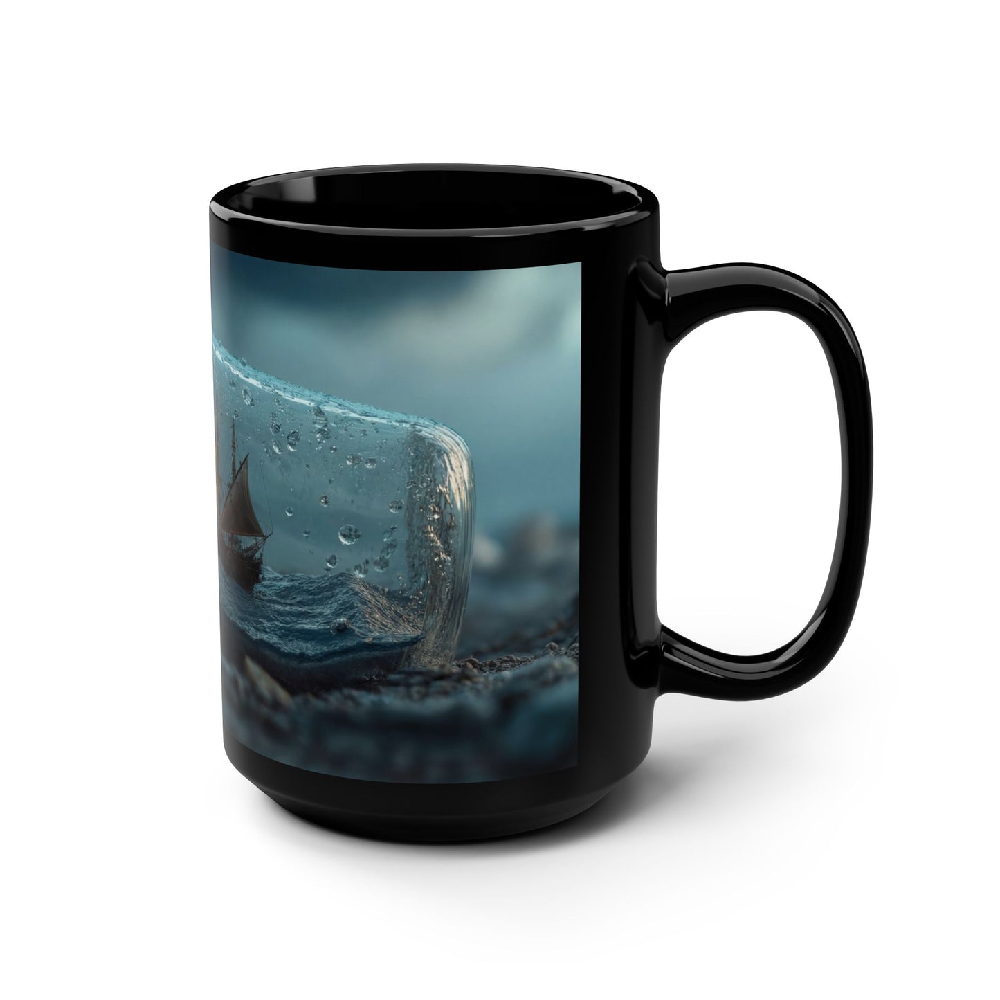Stormbound Ship Black Mug, 15oz – Lightning & Waves in a Glass Vessel