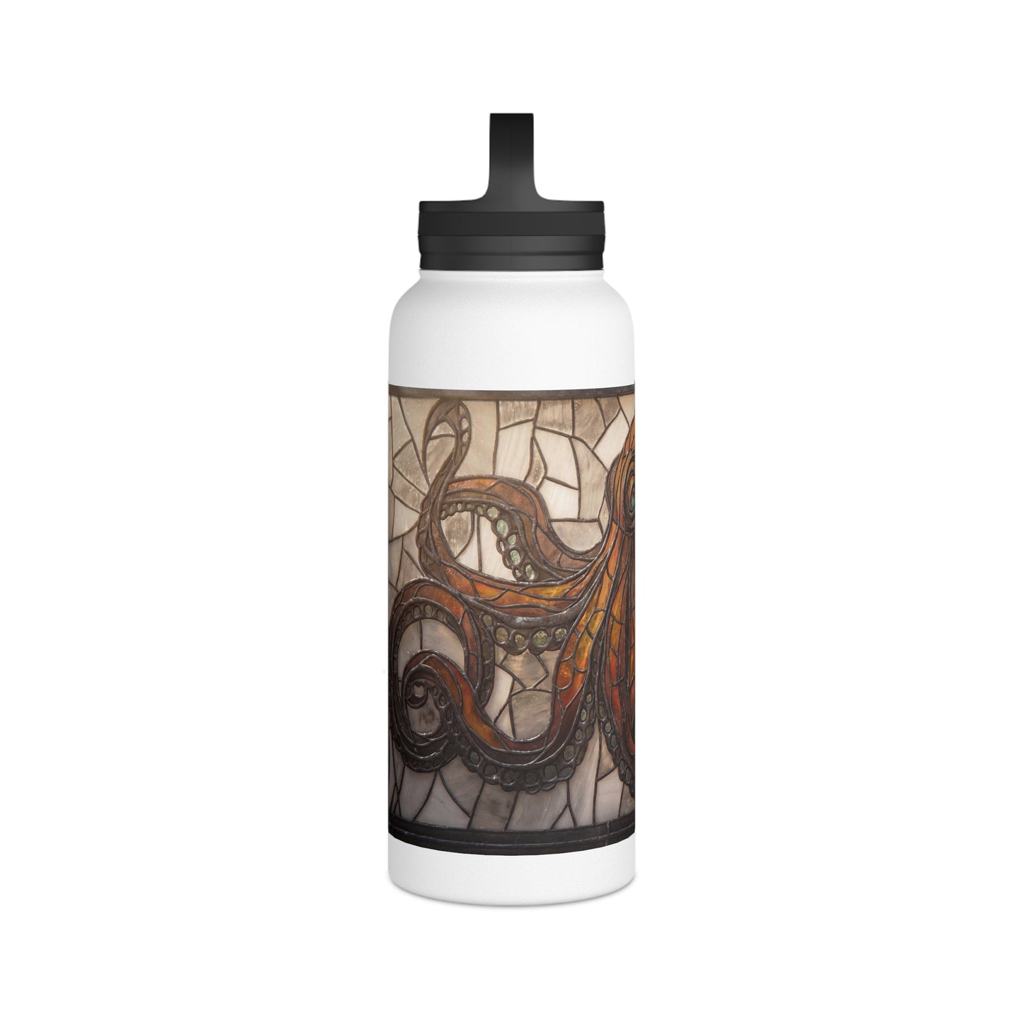 Stained Glass Octopus Water Bottle – Amber Depths & Iron Lace Design