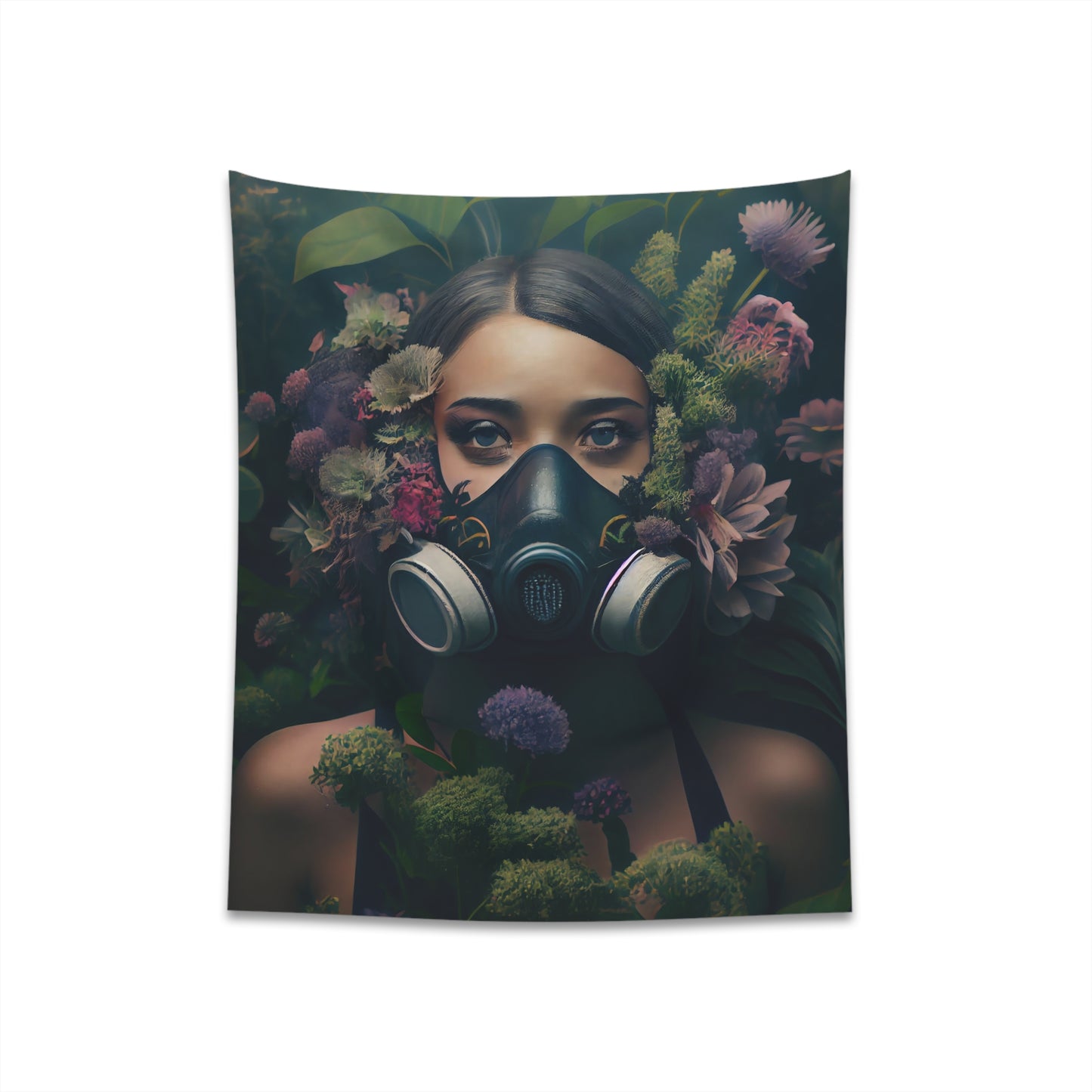 a beautiful woman wearing a gas mask filled with plants and flowers and moss - Printed Wall Tapestry