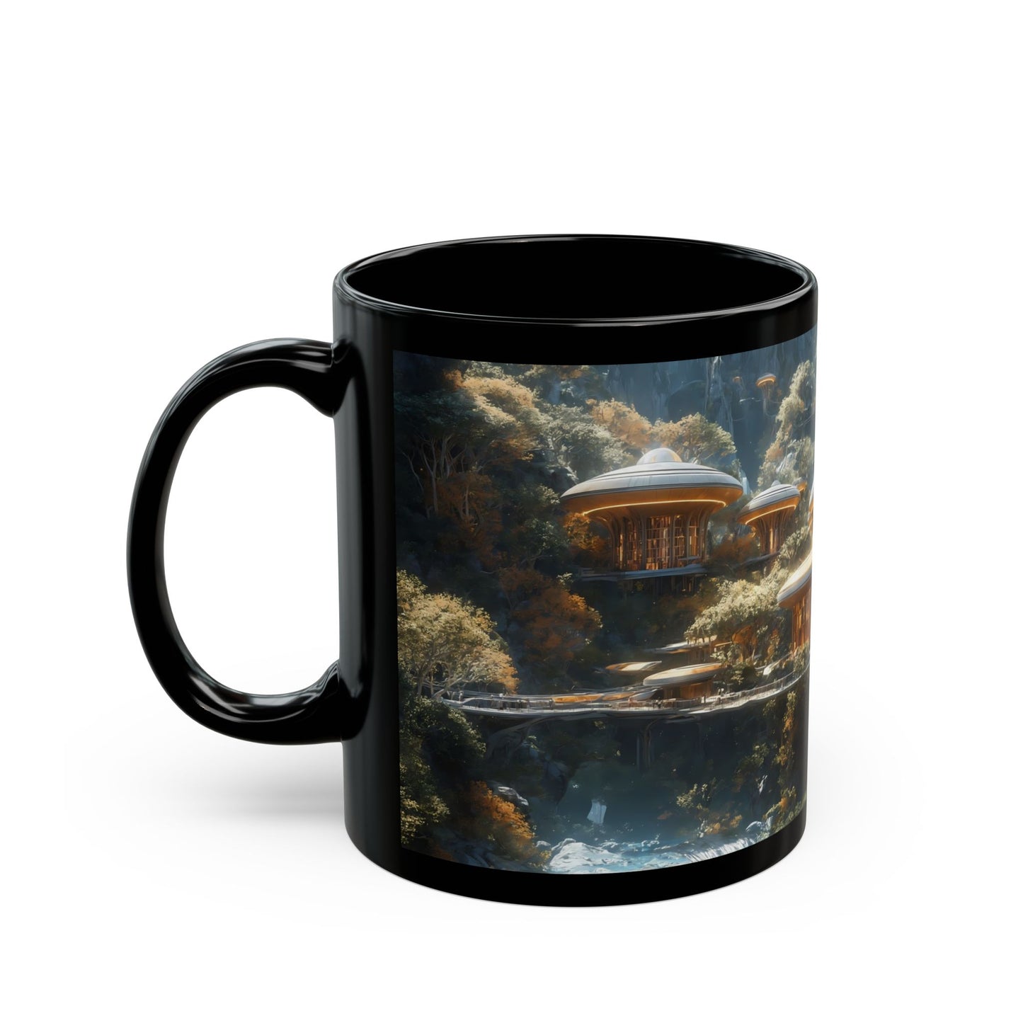 Floating Dome Village Black Mug – Sunlit Sky-Cliff Haven