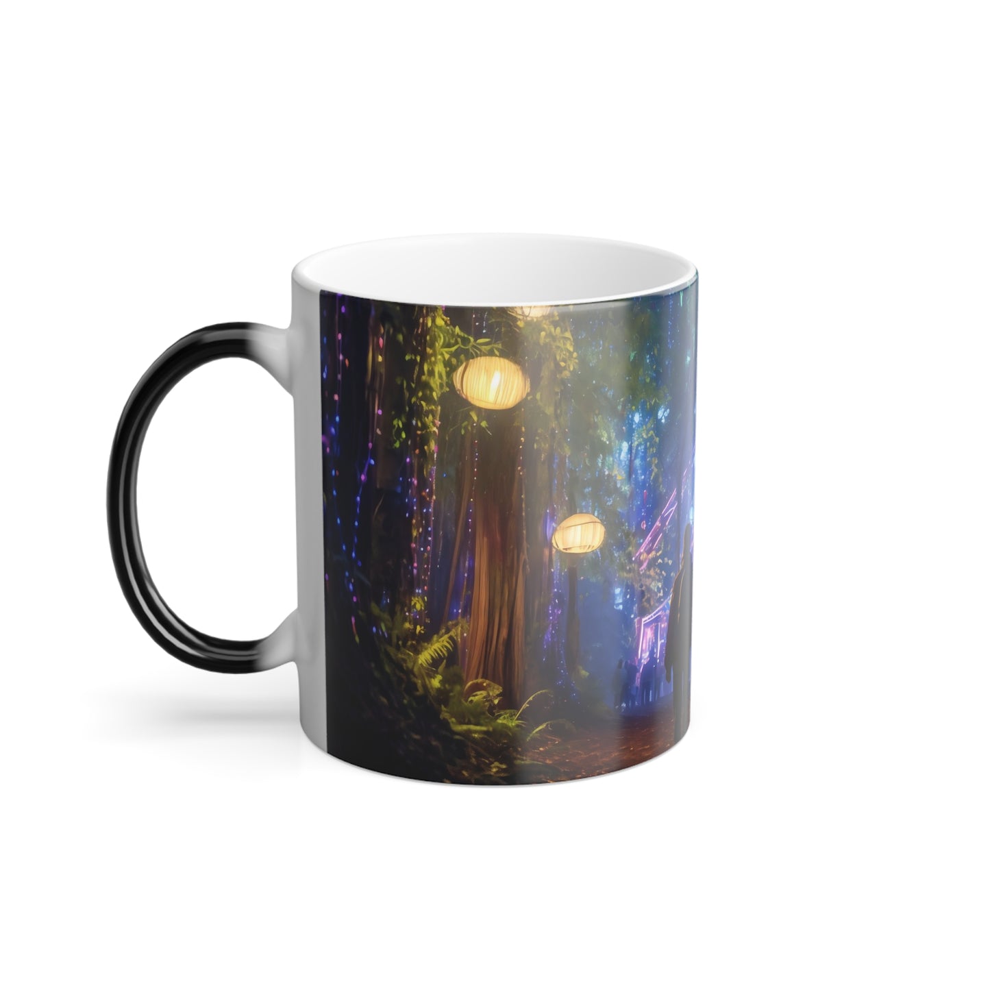 "A cyberpunk vision of the Oregon Country Fair, where neon lights illuminate the path, holographic performers entertain the crowd, and the merry blend of tradition and technology creates an enthralling spectacle." - Color Morphing Mug, 11oz