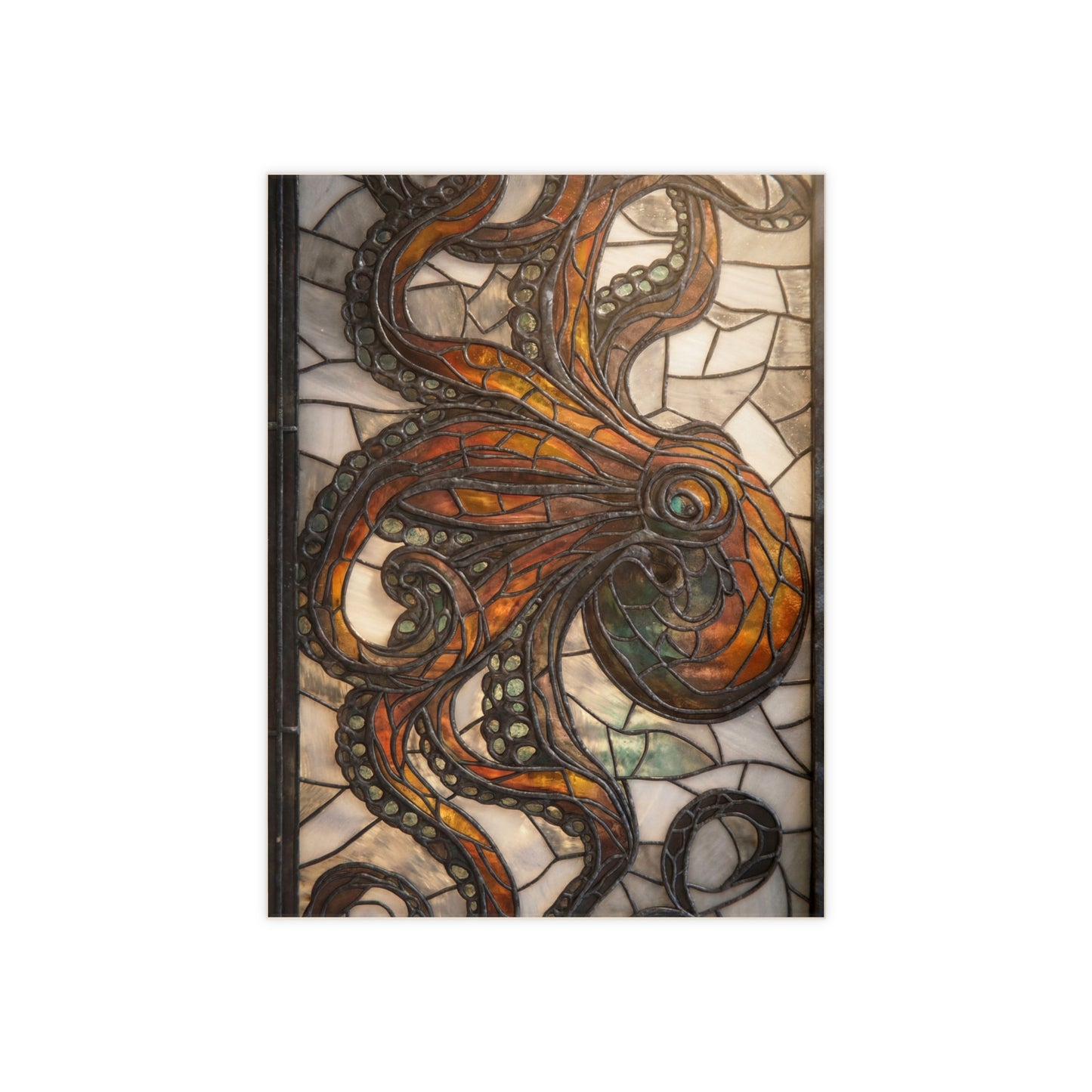 Stained Glass Octopus Ceramic Photo Tile – Amber Depths & Antique Lead