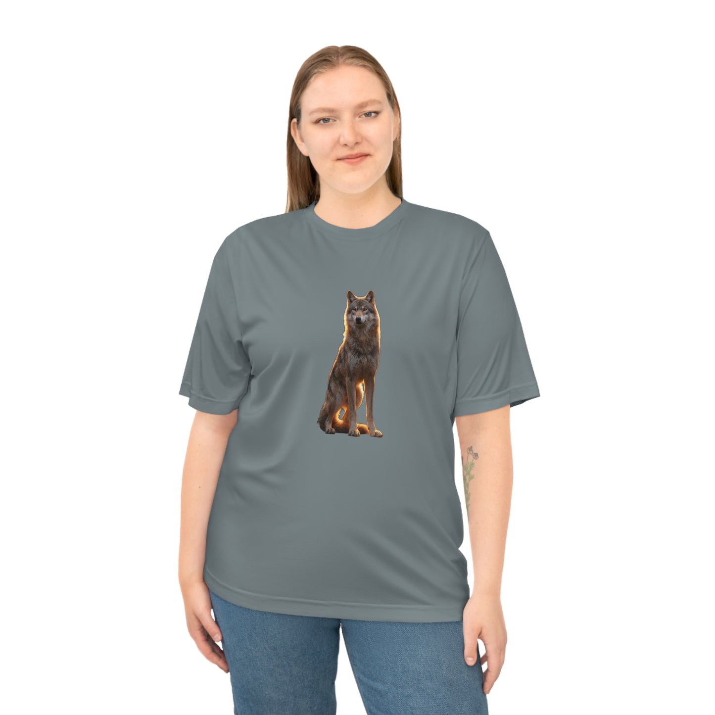 Golden Hour Wolf Unisex Zone Performance T-shirt – Sentient Silhouette at Twilight