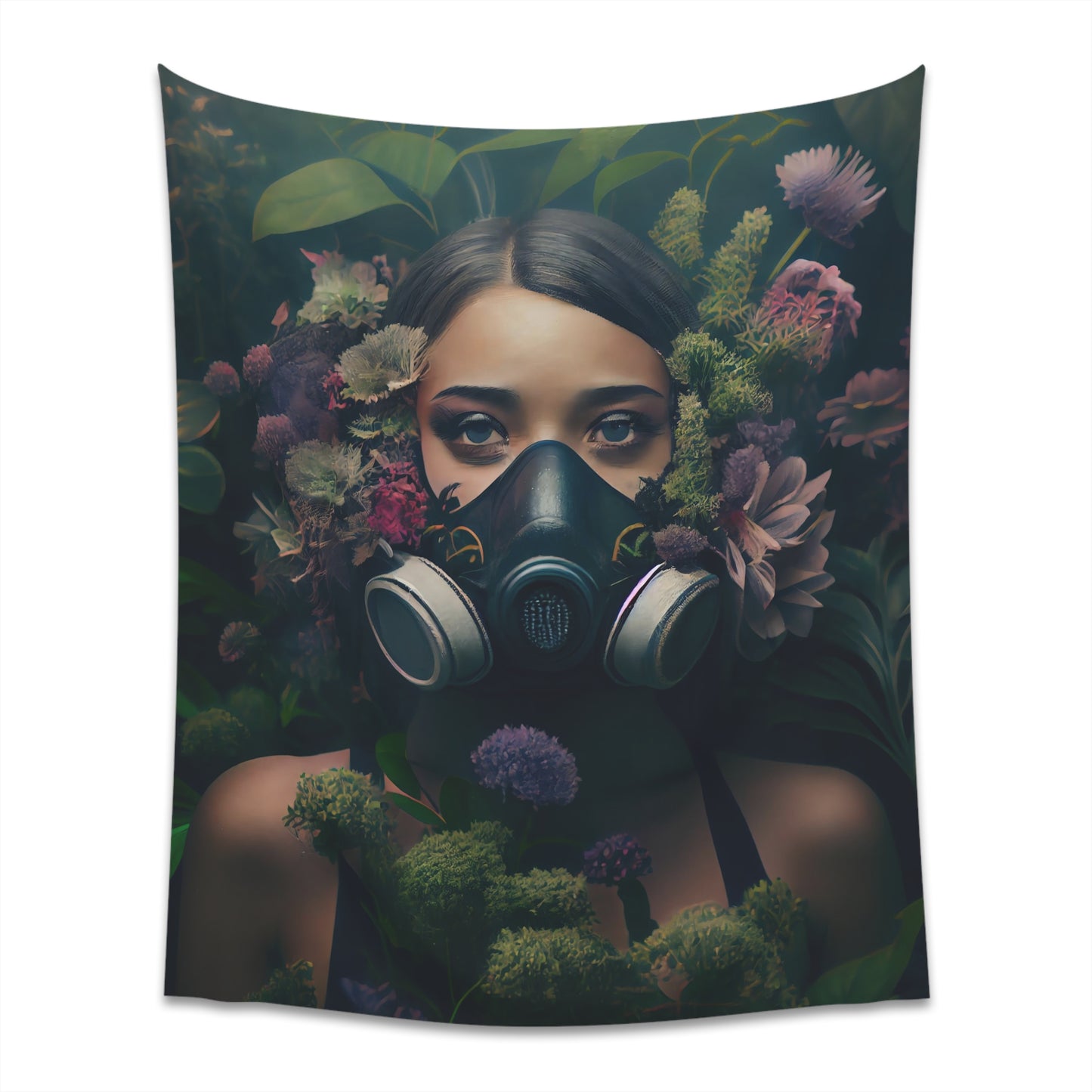 a beautiful woman wearing a gas mask filled with plants and flowers and moss - Printed Wall Tapestry