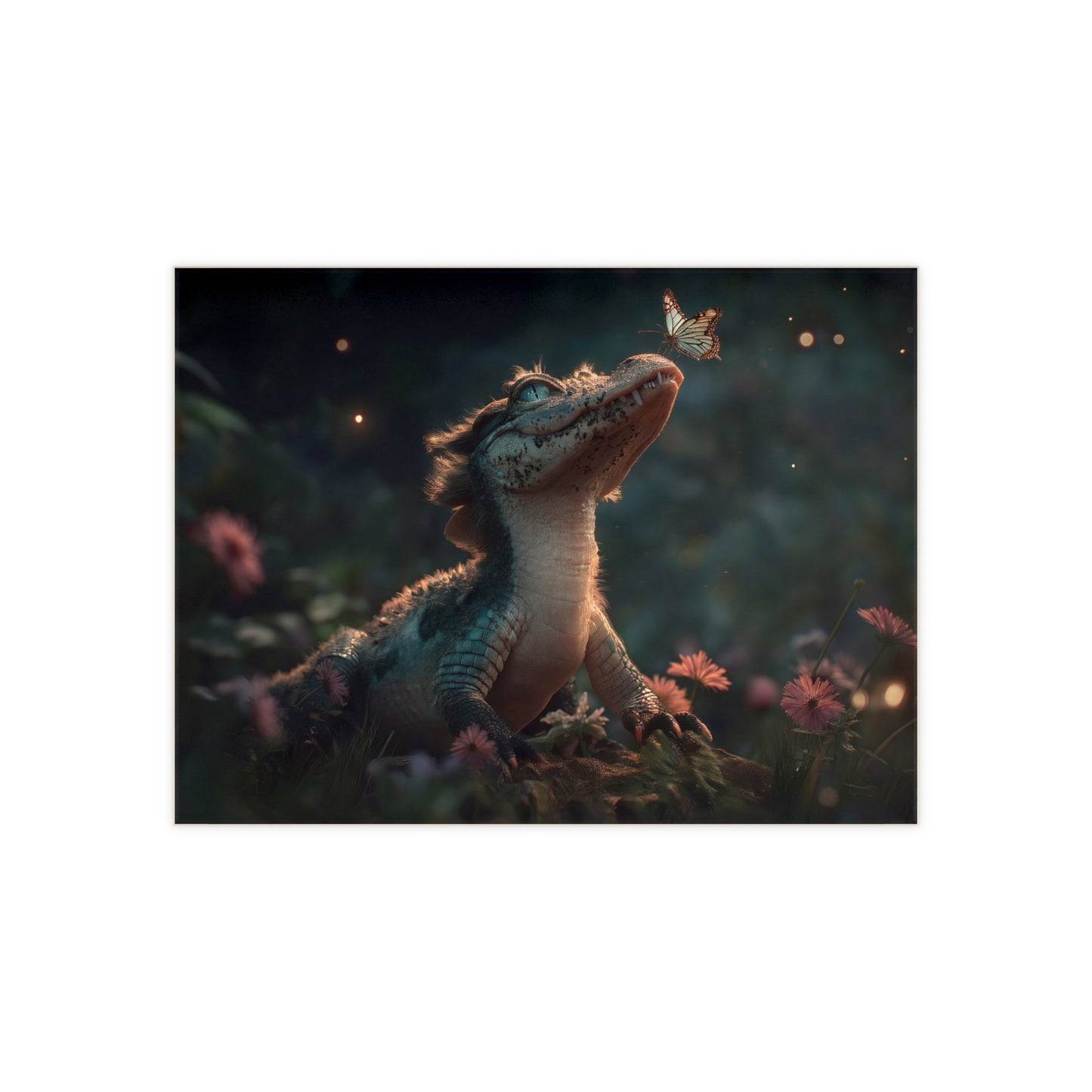 Gentle Crocodile and Butterfly Ceramic Photo Tile – Twilight Garden Whispers