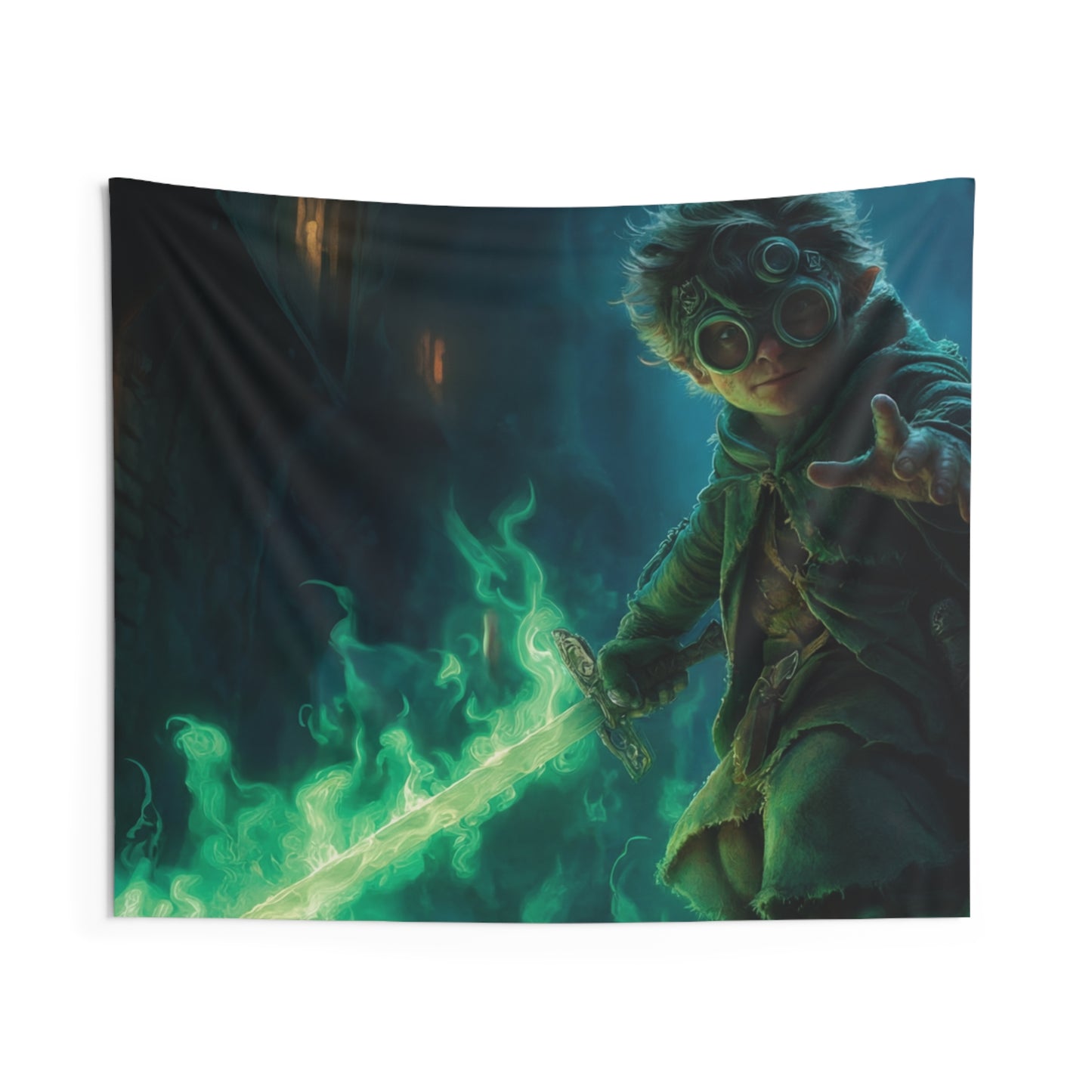 Green-Eyed Mage with Glowing Sword Indoor Wall Tapestries – Midnight Alley Adventure