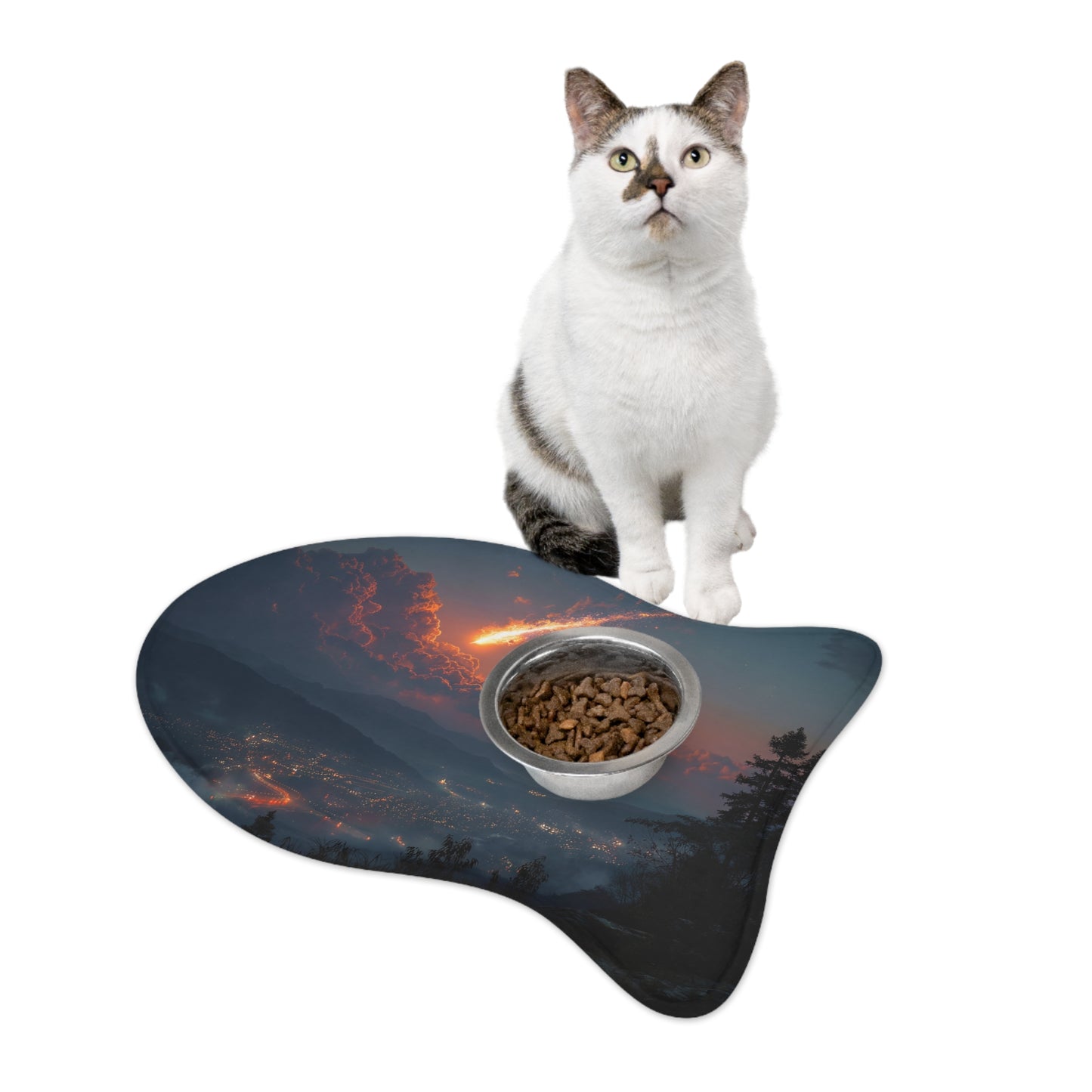 Meteor Over Valley Pet Feeding Mats – Fiery Trail Across Twilight Hills