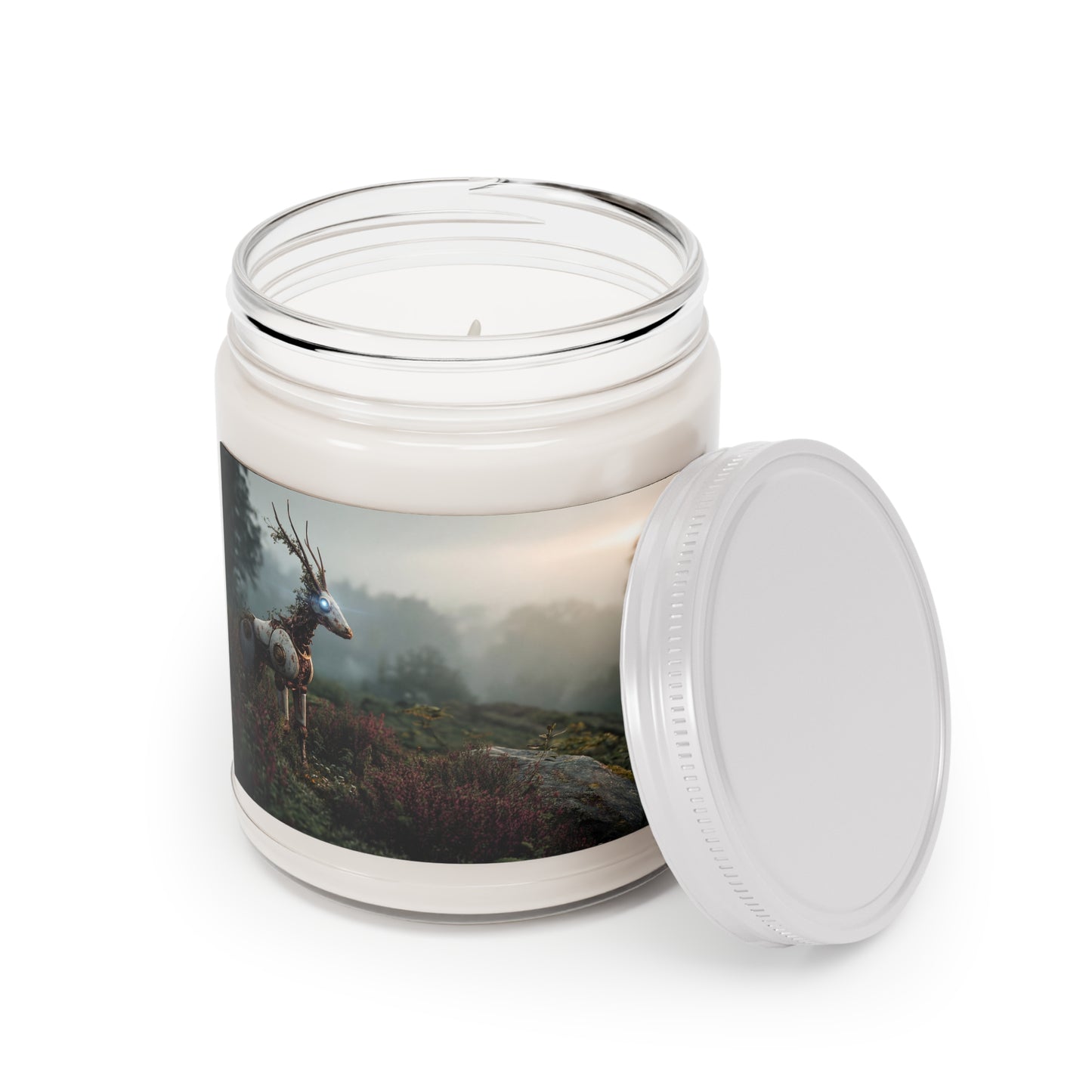 Cybernetic Stag Scented Soy Candles with White Lid, 9oz – Dawn’s Glowing Guardian
