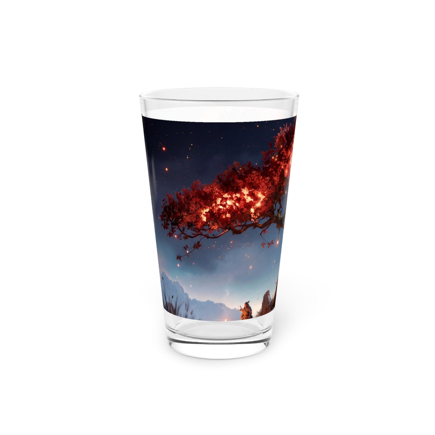 Whispering Ember Tree Pint Glass, 16oz – Moonlit Sanctuary Under Crimson Canopy