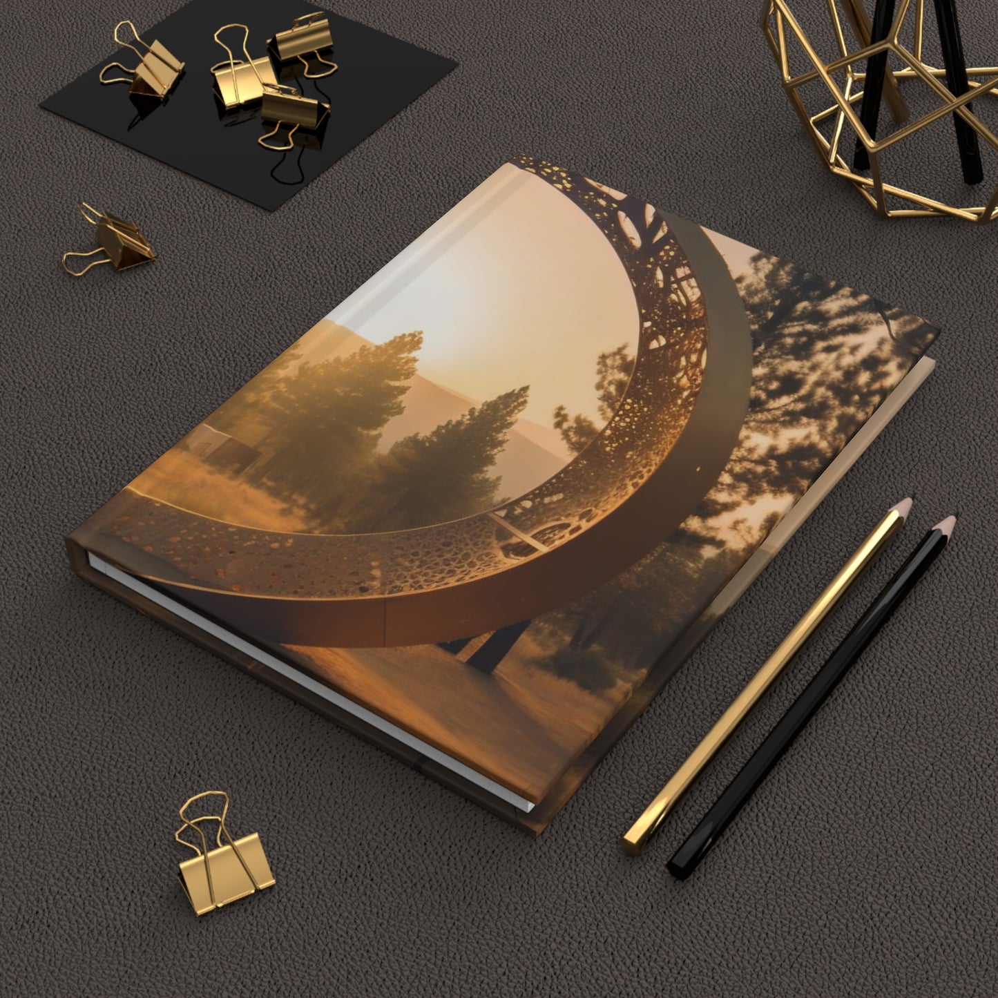 golden hour, rune-carved stargate made of glowing steel that forms a circle, leads to the burning man festival, forest in the background, cinematic view, epic sky - Hardcover Journal Matte