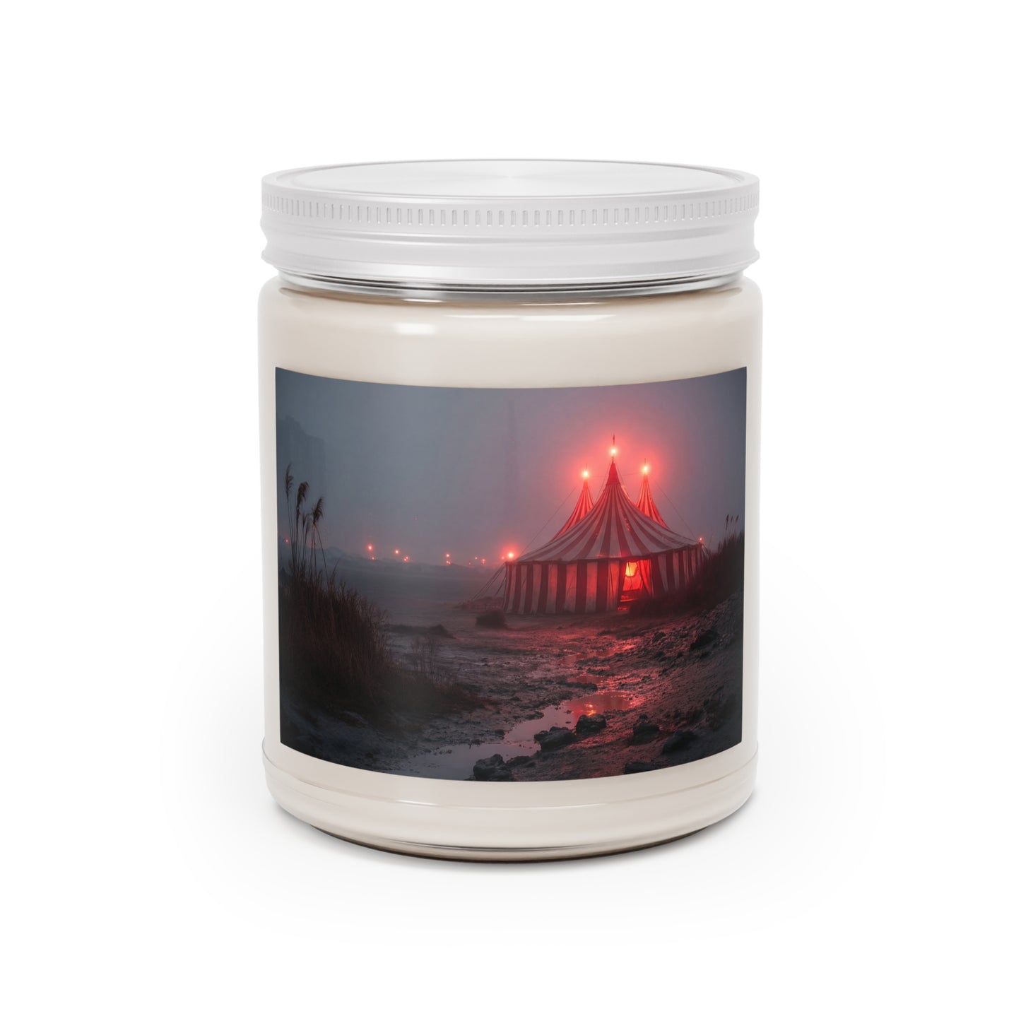 Midnight Circus Tent Scented Soy Candles with White Lid, 9oz – Crimson Glow on the Foggy Shore