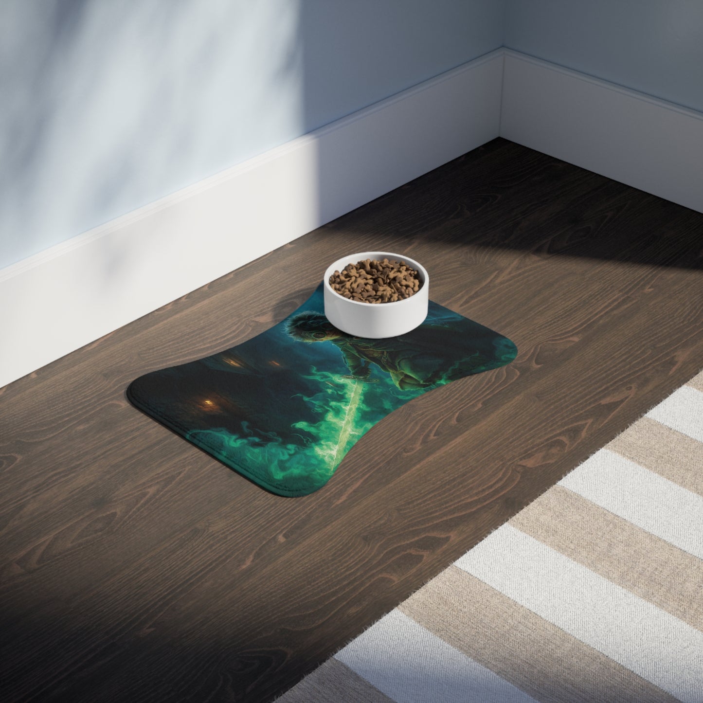 Gnome Guardian Pet Feeding Mats – Emerald Flame Sentinel