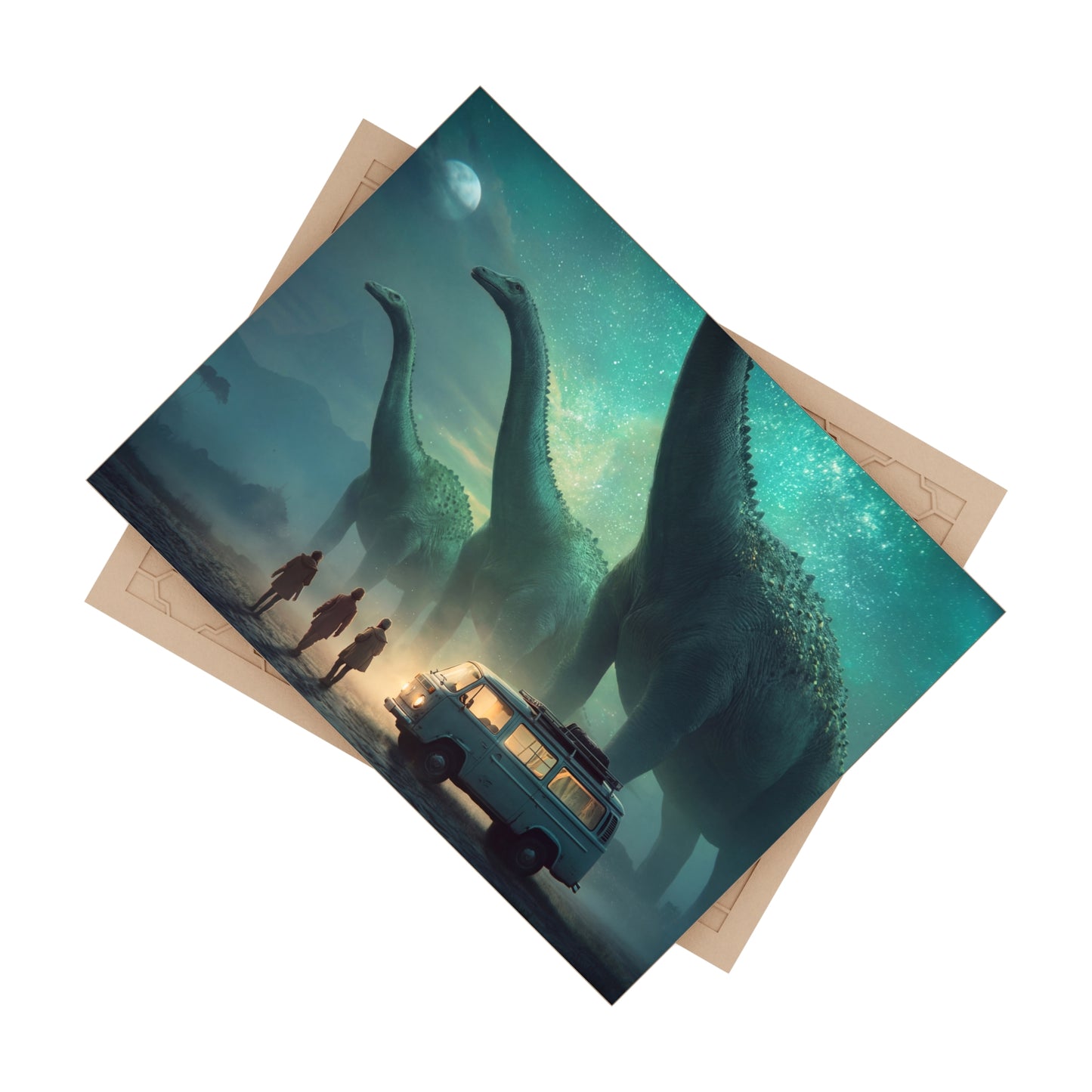 Dinosaur Encounter Ceramic Photo Tile – Midnight Campsite Under Starry Skies