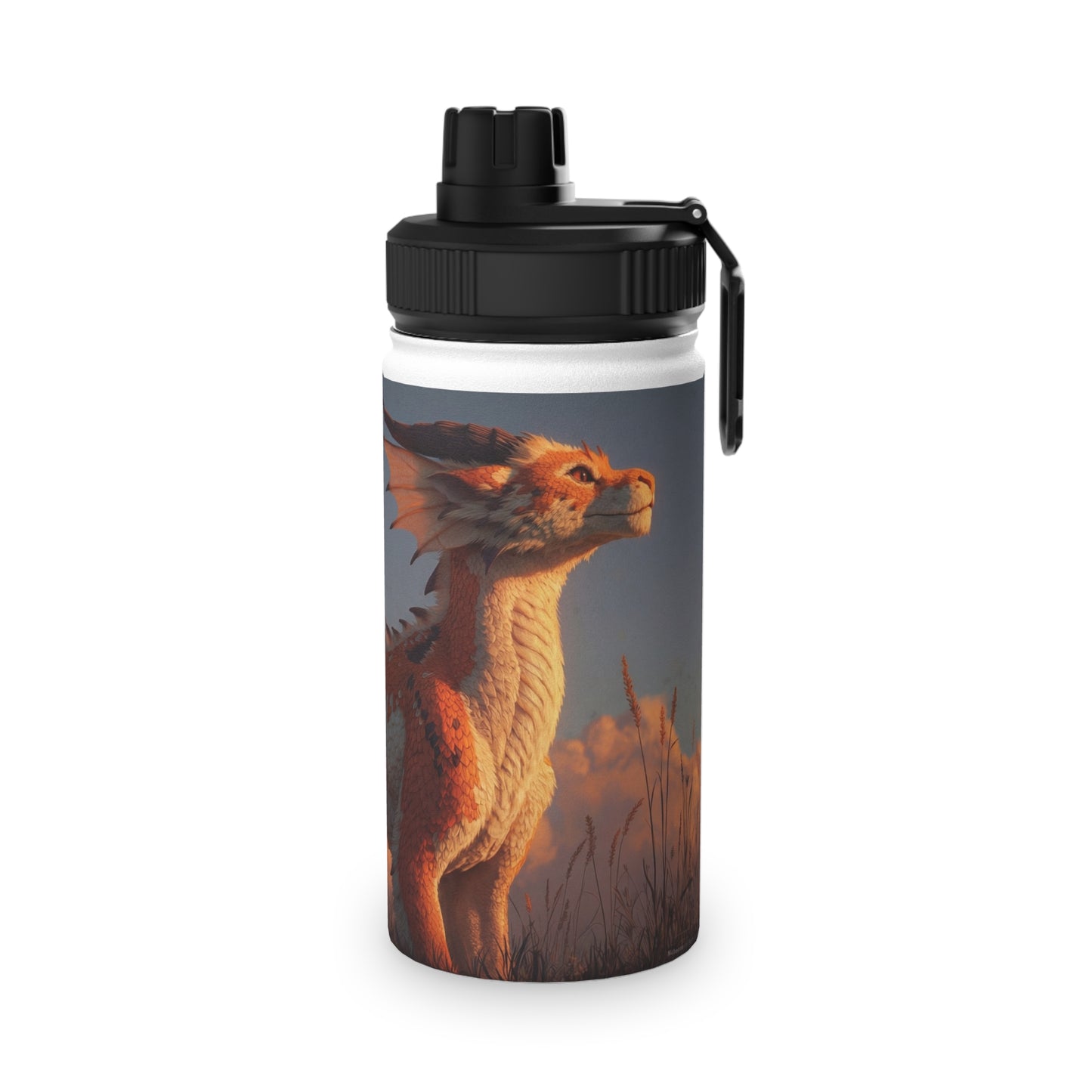 Sunset Sentinel Dragon Stainless Steel Water Bottle, Sports Lid – Amber Scale Horizon
