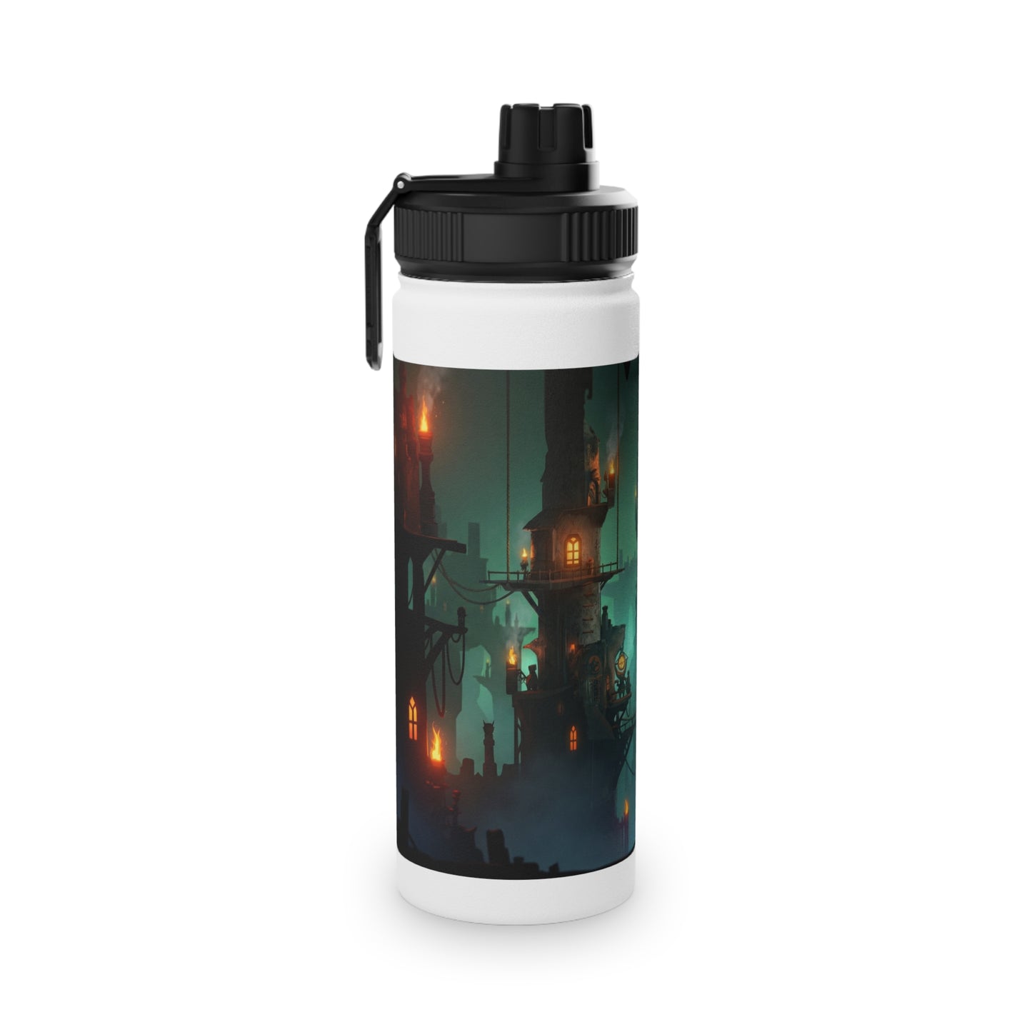 Floating City at Dusk Stainless Steel Water Bottle, Sports Lid – Amber Lights in the Mist