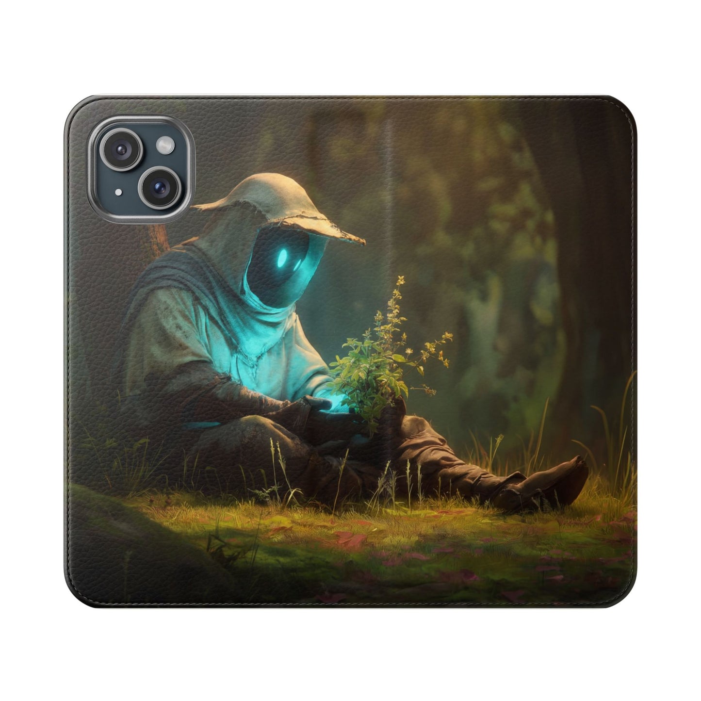 Glowing Orb Hooded Guardian Flip Cases – Bioluminescent Forest Keeper
