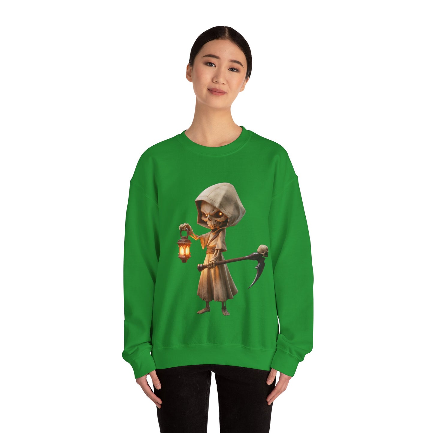 Lantern-Bearing Grim Reaper Unisex Heavy Blend™ Crewneck Sweatshirt – Ember-Lit Sentinel with Scythe and Skull-Capped Blade