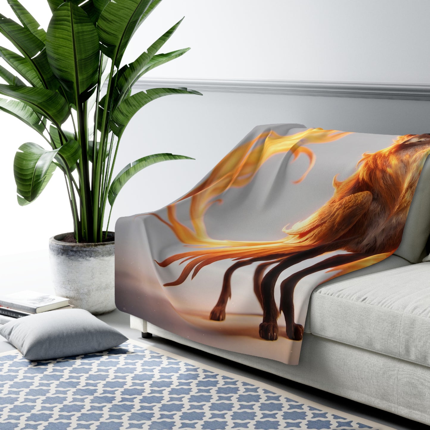 Flame-Fox Guardian Sherpa Fleece Blanket – Ember Wings and Fiery Mane