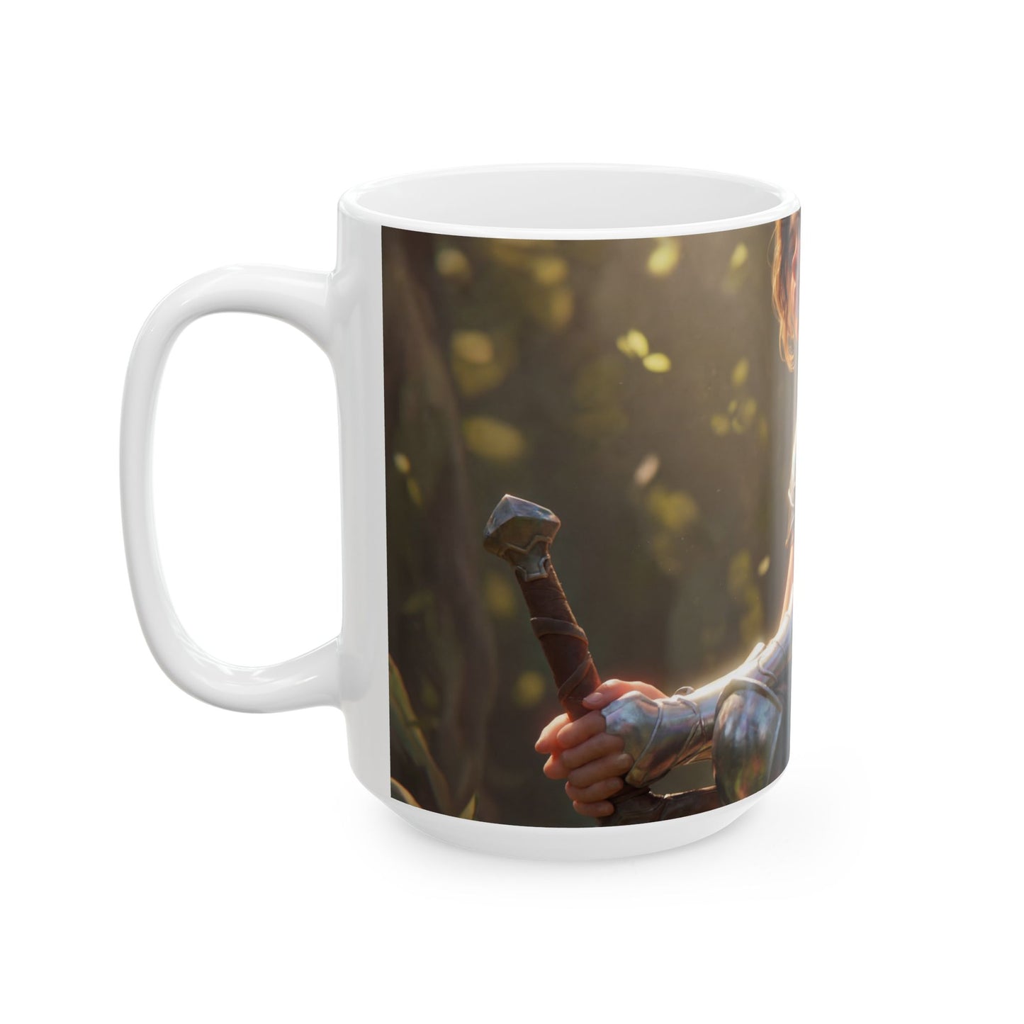 Elf Warrior with Dragon Companion Ceramic Mug – Sunlit Forest Sentinel