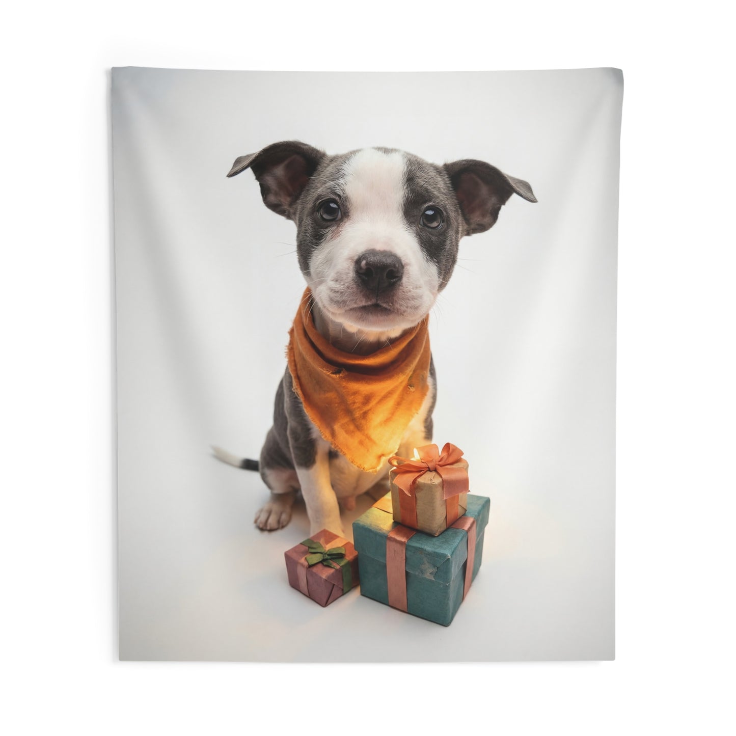 Puppy with Gifts Indoor Wall Tapestries – Warm Orange Bandana & Festive Presents