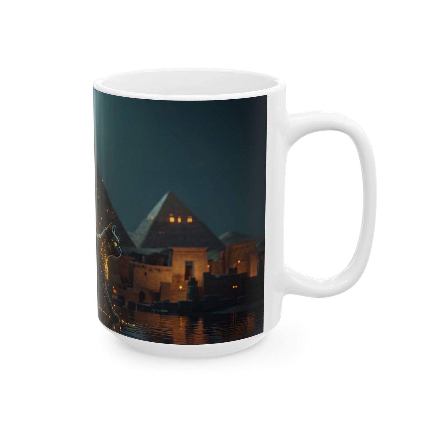 Starlit Cat by Pyramids Ceramic Mug – Midnight Magic Walks the Nile