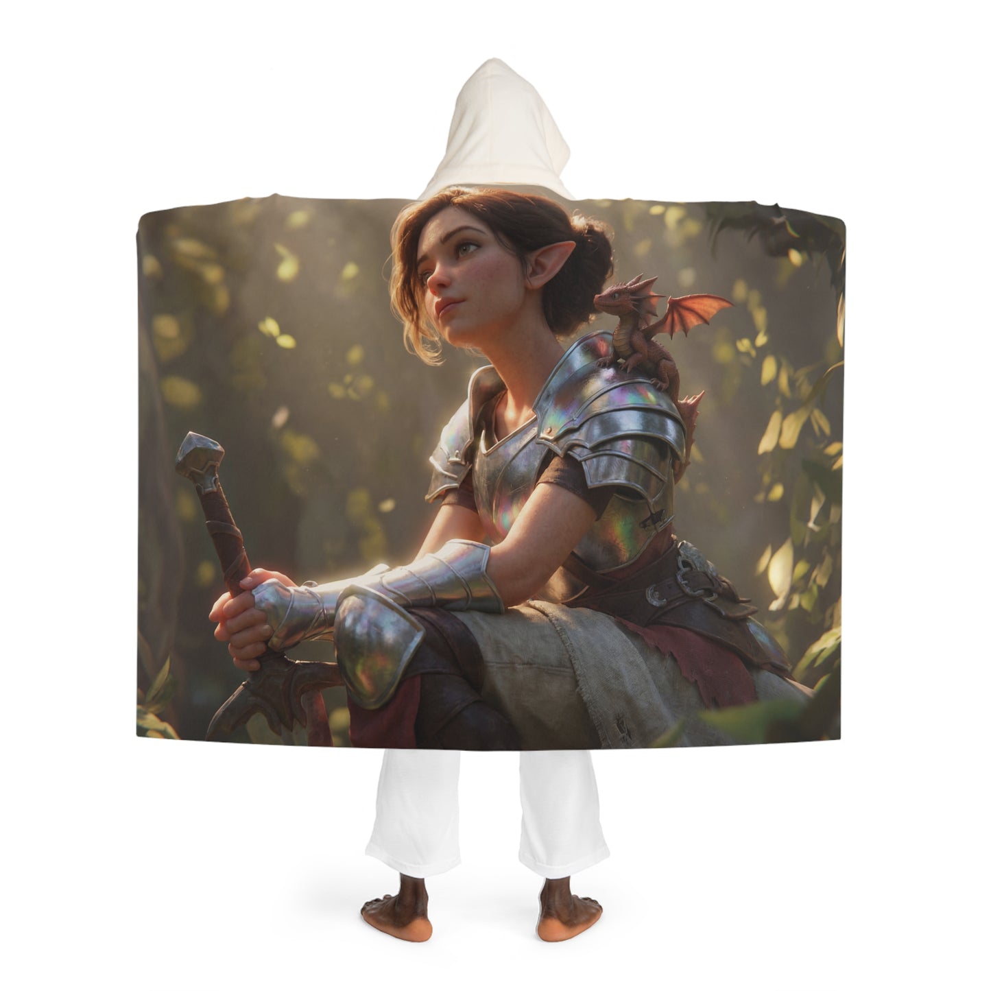 Elven Sentinel Dragon Companion Hooded Sherpa Fleece Blanket – Iridescent Armor and Sunlight Forest Rest