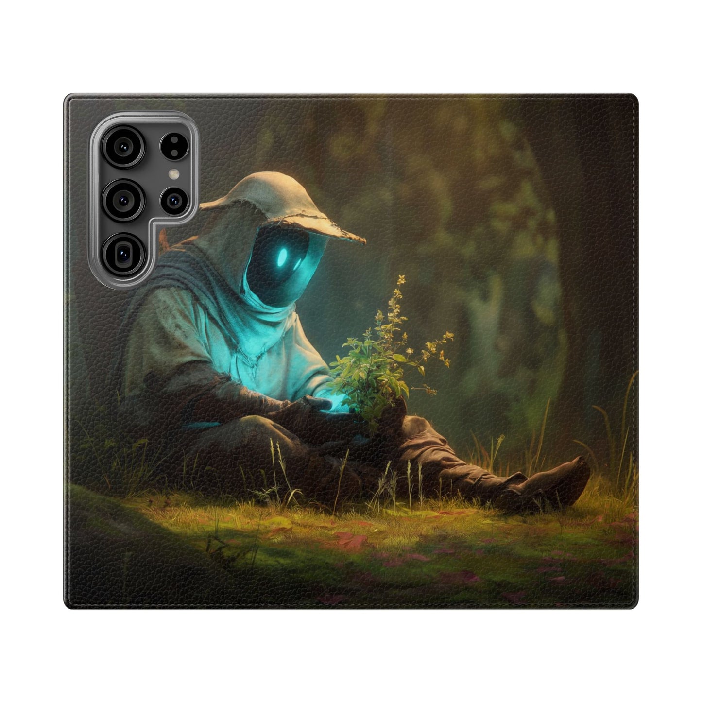 Glowing Orb Hooded Guardian Flip Cases – Bioluminescent Forest Keeper