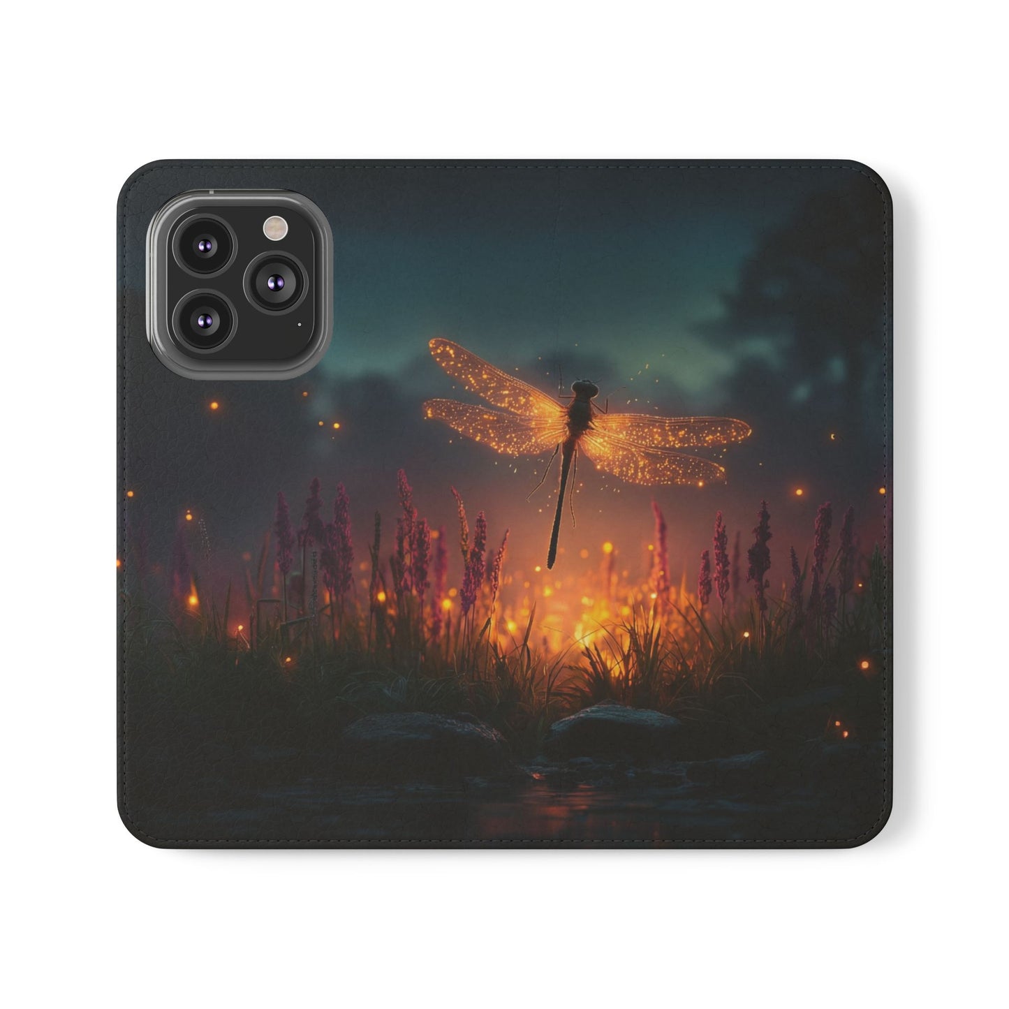 Bioluminescent Dragonfly Flip Cases – Glowing Amber Wings Over Twilight Marsh