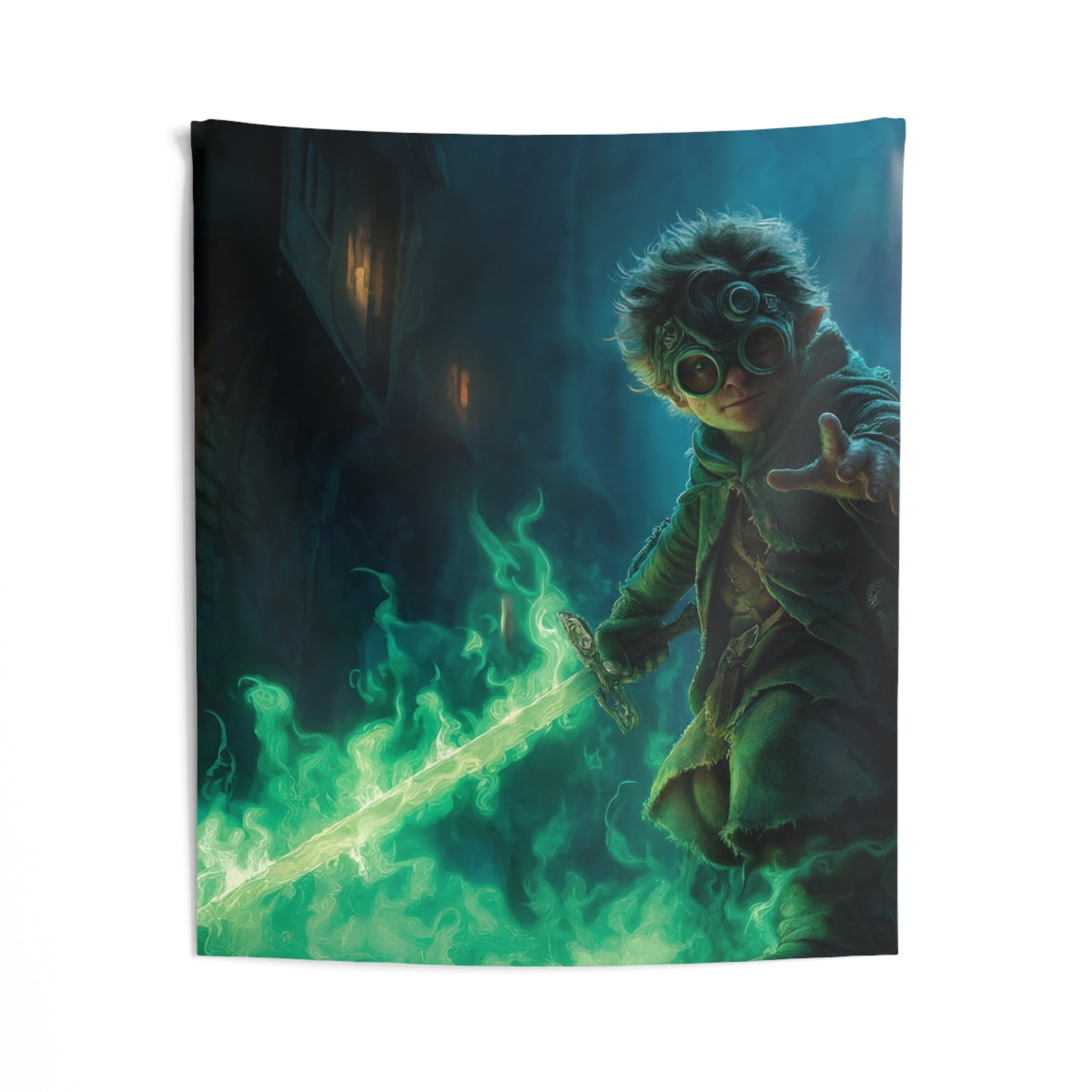 Green-Eyed Mage with Glowing Sword Indoor Wall Tapestries – Midnight Alley Adventure