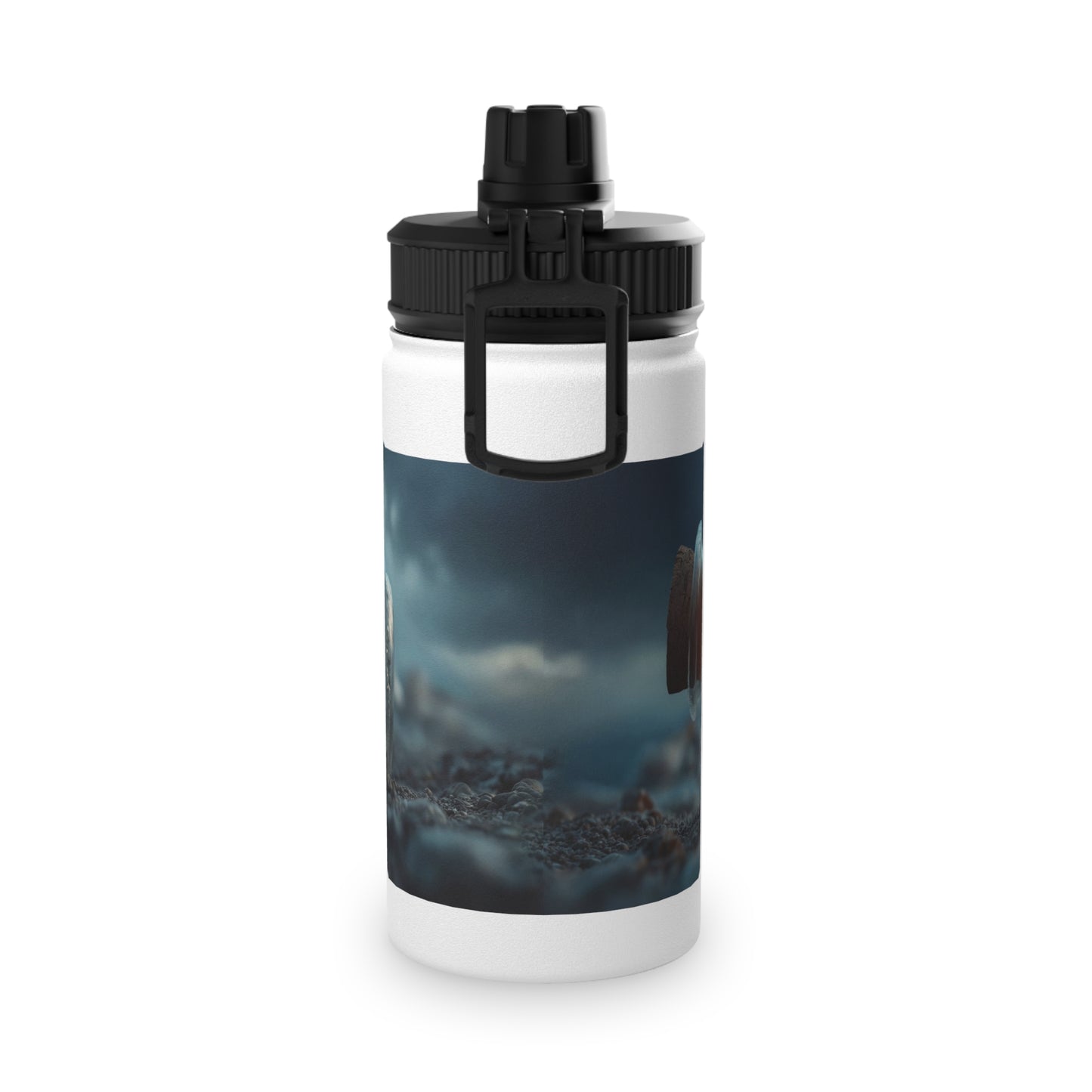 Storm-Sailed Ship in Bottle Stainless Steel Water Bottle, Sports Lid – Captured Tempest at Sea