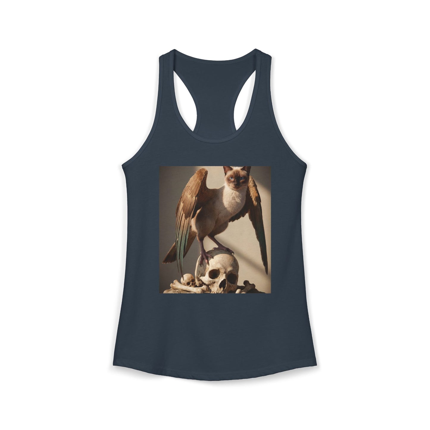 Winged Siamese Cat Guardian Racerback Tank – Feathered Sentinel with Skull