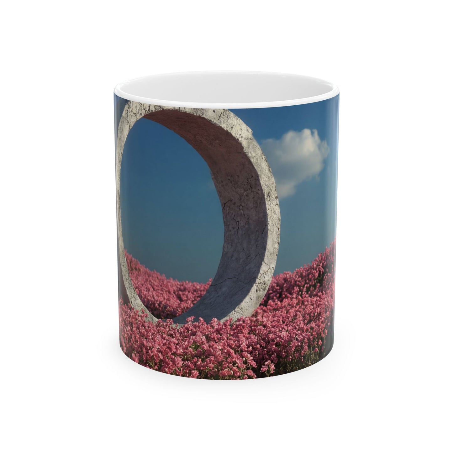 Stone Ring in Pink Bloom Field Ceramic Mug – Serene Portal to Wildflowers
