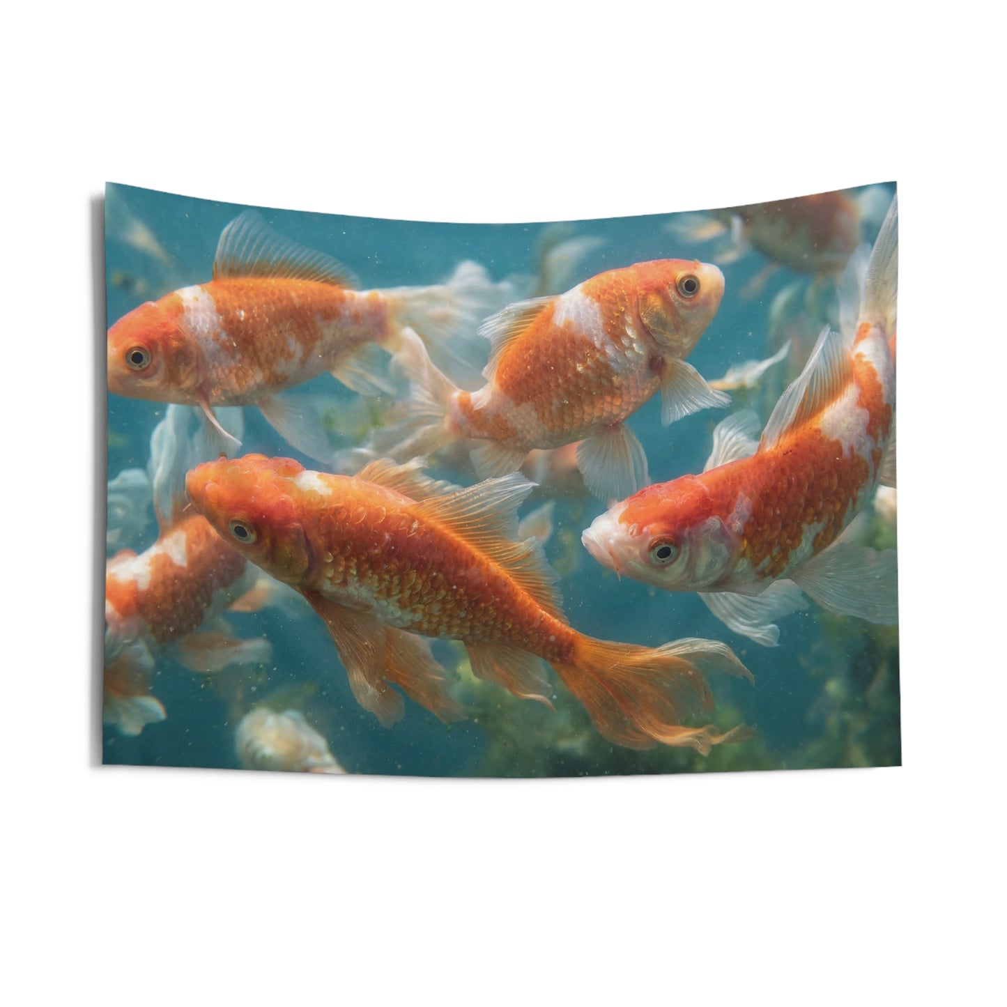 Golden Dreamschool Indoor Wall Tapestries – Sunlit Koi in Azure Depths