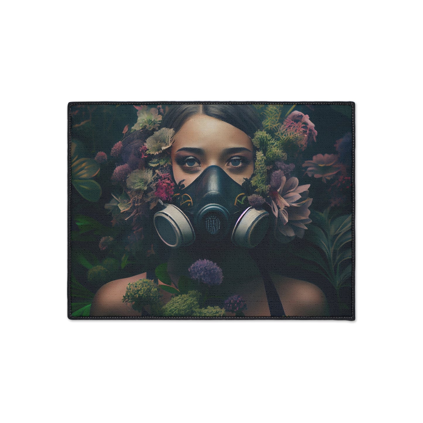 a beautiful woman wearing a gas mask filled with plants and flowers and moss - Heavy Duty Floor Mat